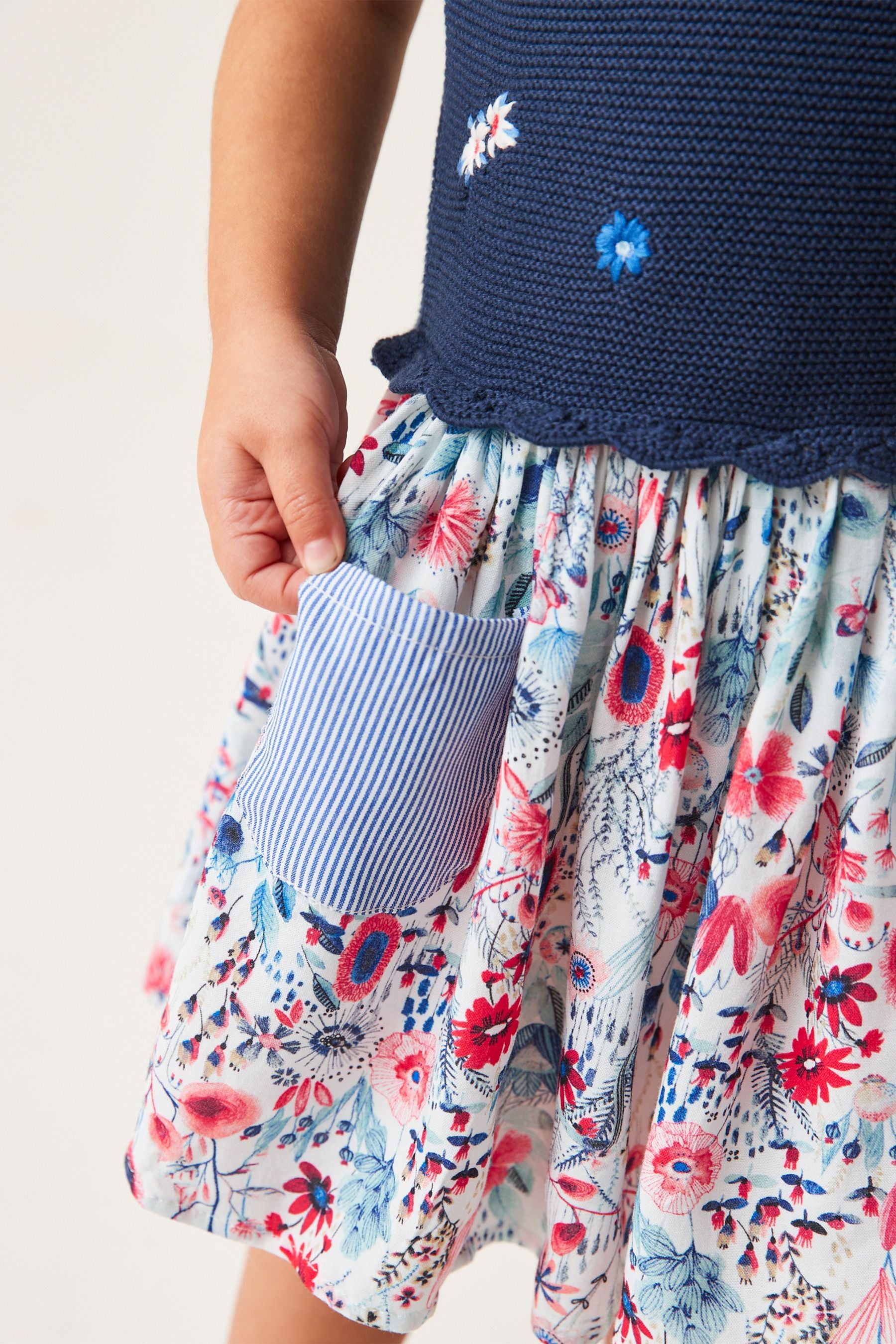 Navy Blue Jumper Dress With Printed Skirt (3mths-7yrs)