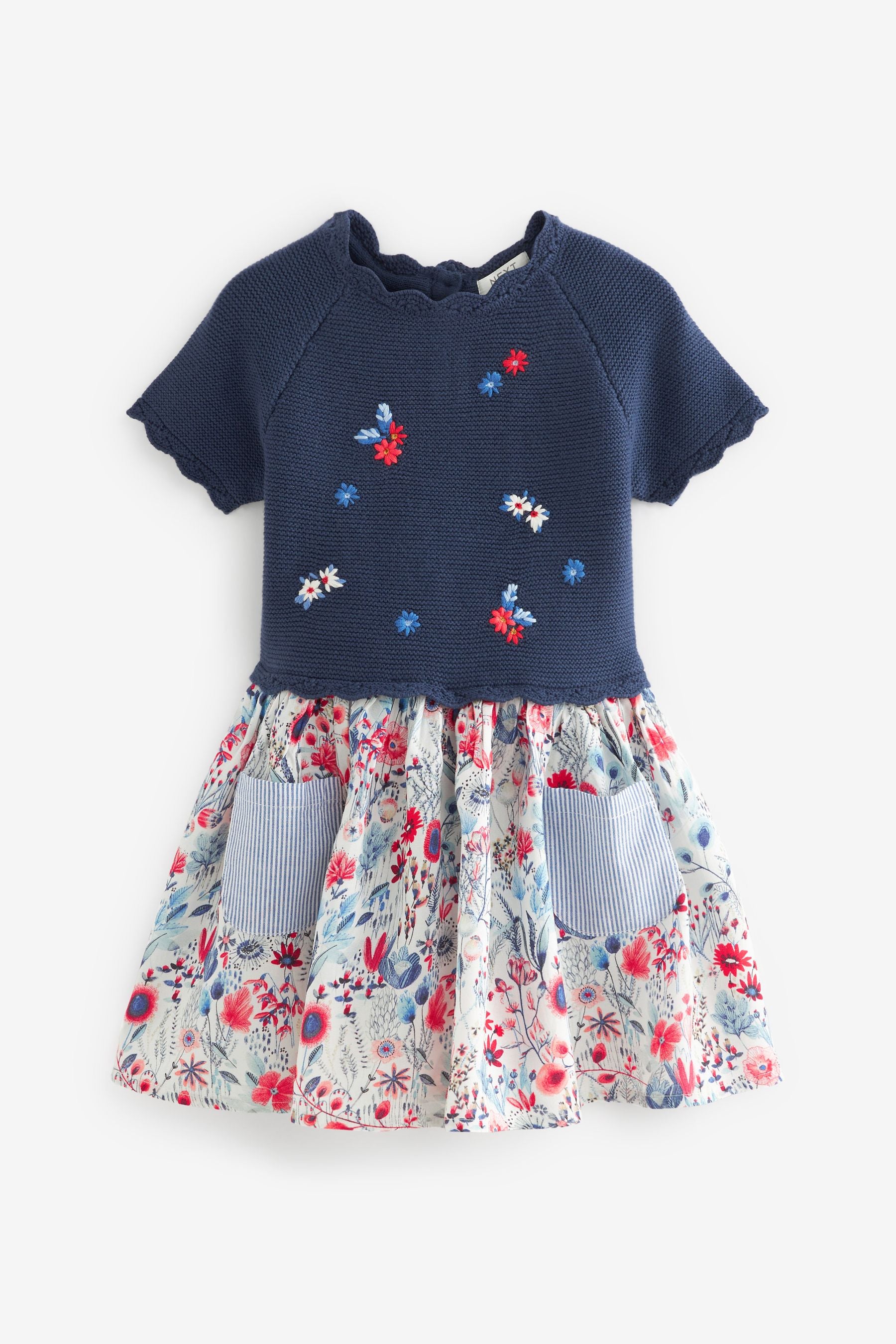 Navy Blue Jumper Dress With Printed Skirt (3mths-7yrs)