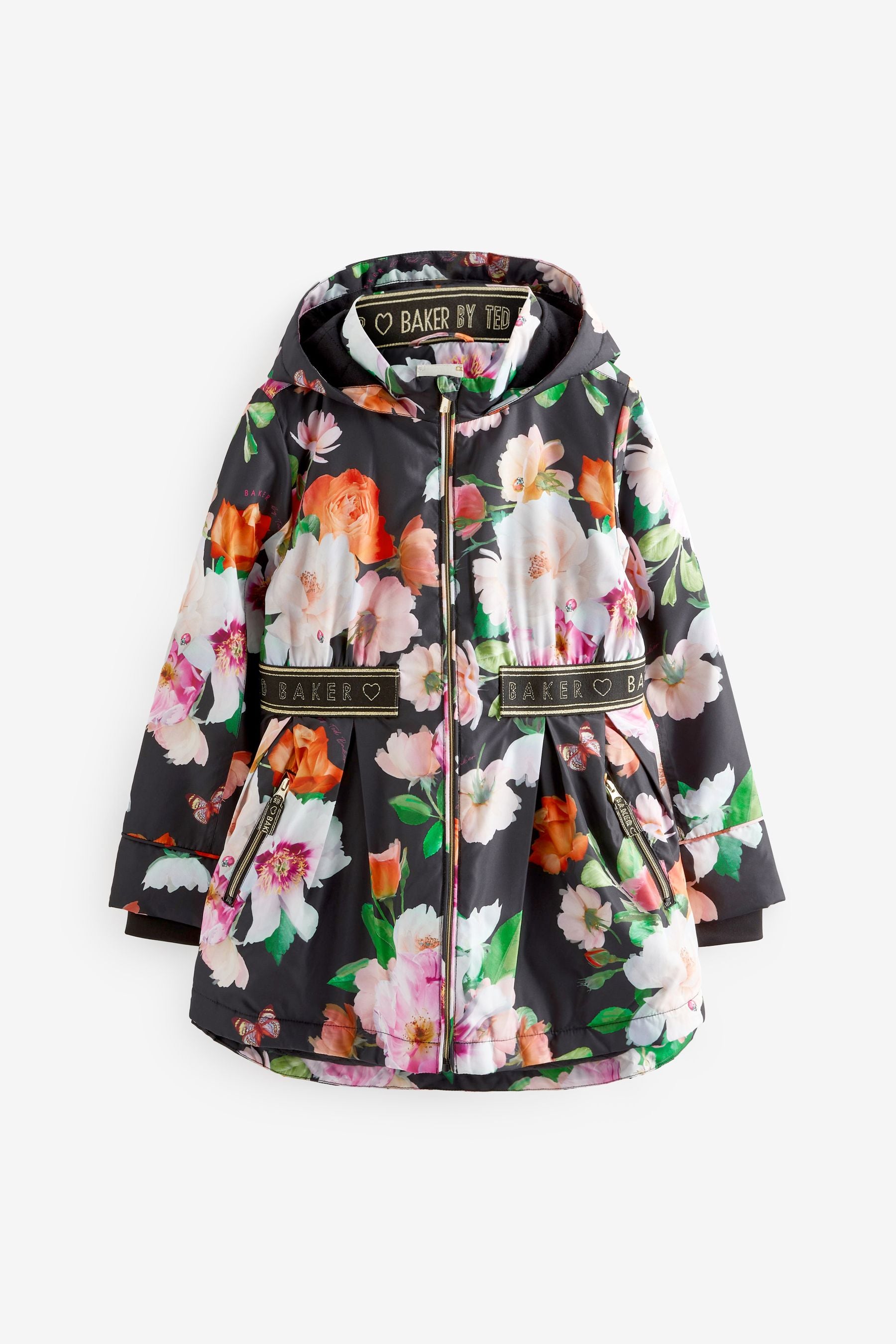 Black Baker by Ted Baker Shower Resistant Black Floral Rain Mac