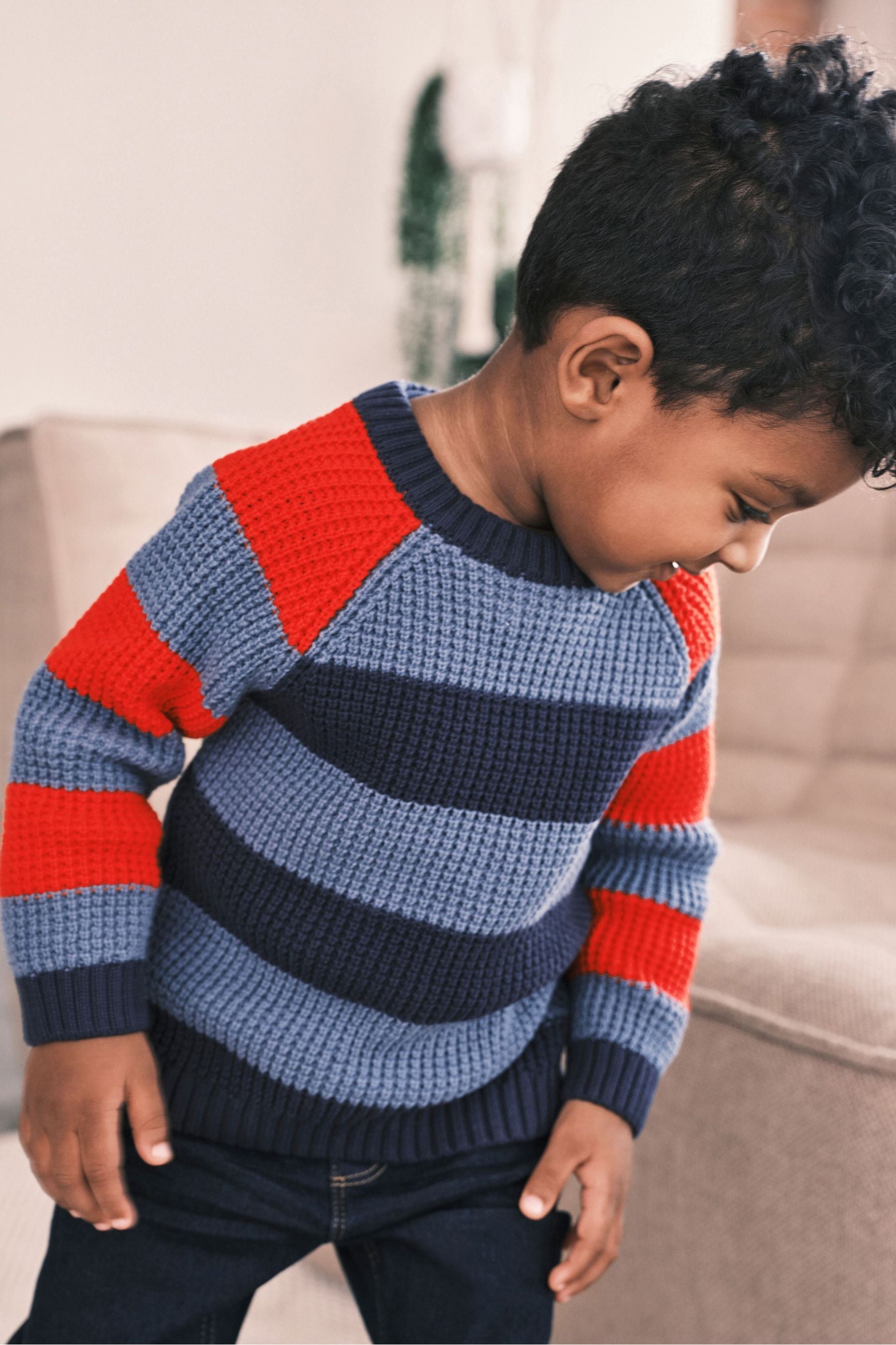 Blue/Red Knitted Stripe Colourblock Jumper (3mths-7yrs)