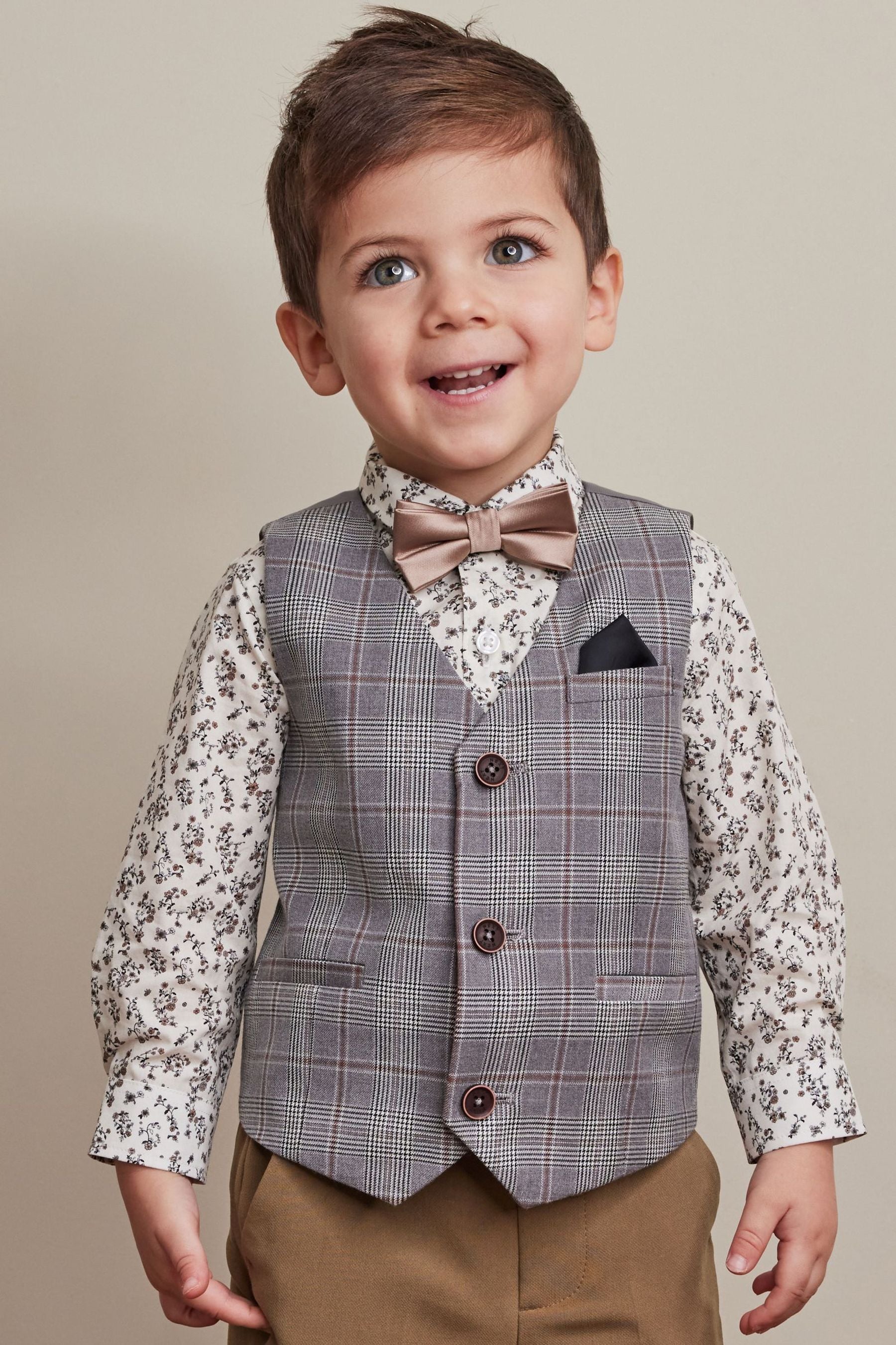 Grey Check Waistcoat Set With Shirt & Bow Tie (3mths-7yrs)