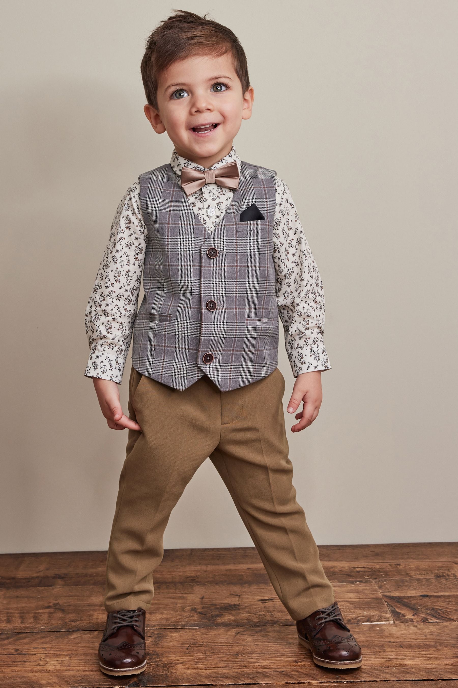 Grey Check Waistcoat Set With Shirt & Bow Tie (3mths-7yrs)