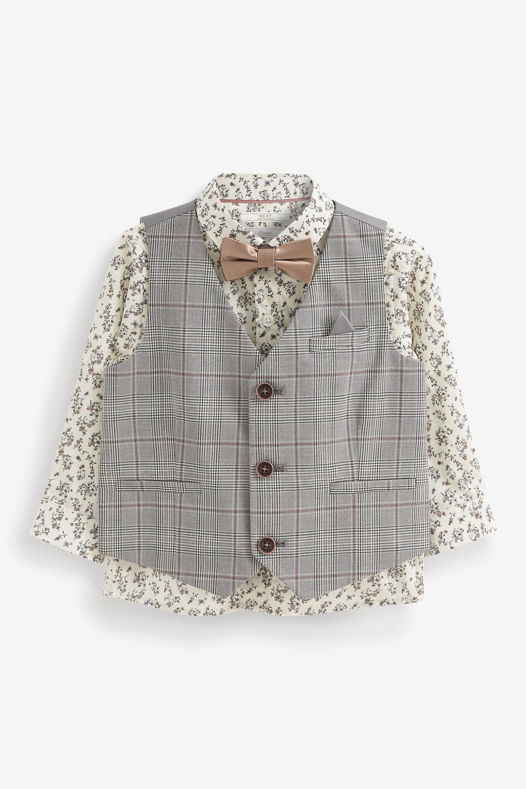 Grey Check Waistcoat Set With Shirt & Bow Tie (3mths-7yrs)