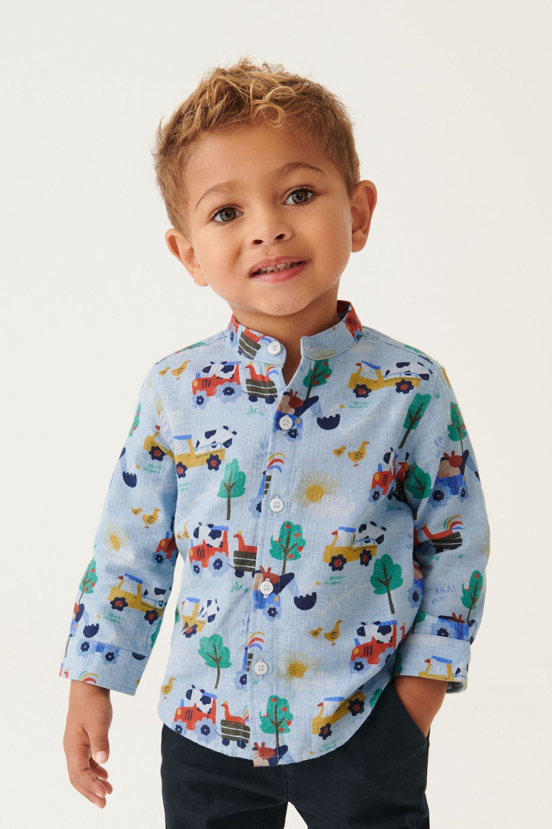 Blue Printed Long Sleeve Grandad Collar Shirt (3mths-7yrs)