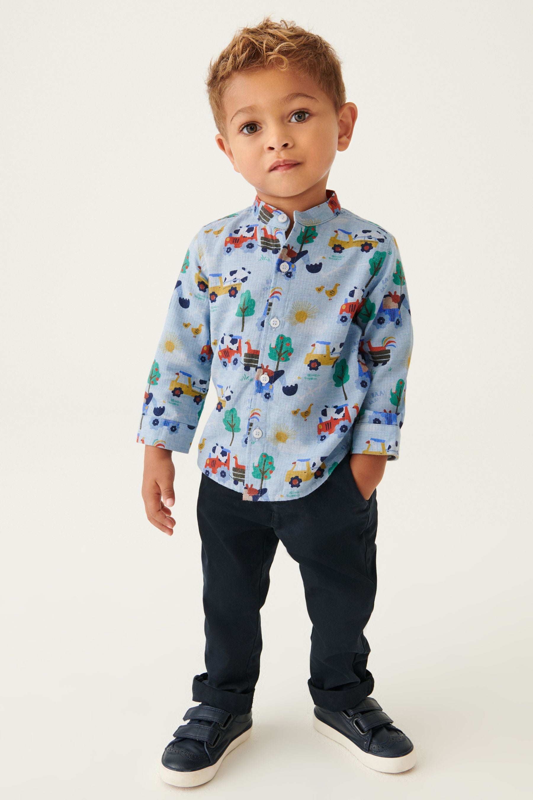 Blue Printed Long Sleeve Grandad Collar Shirt (3mths-7yrs)