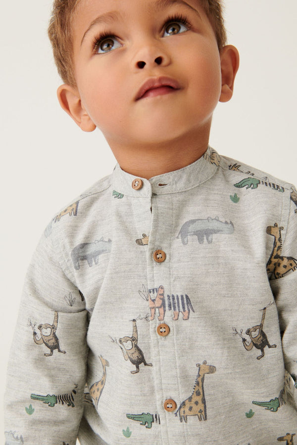 Grey Printed Long Sleeve Grandad Collar Shirt (3mths-7yrs)