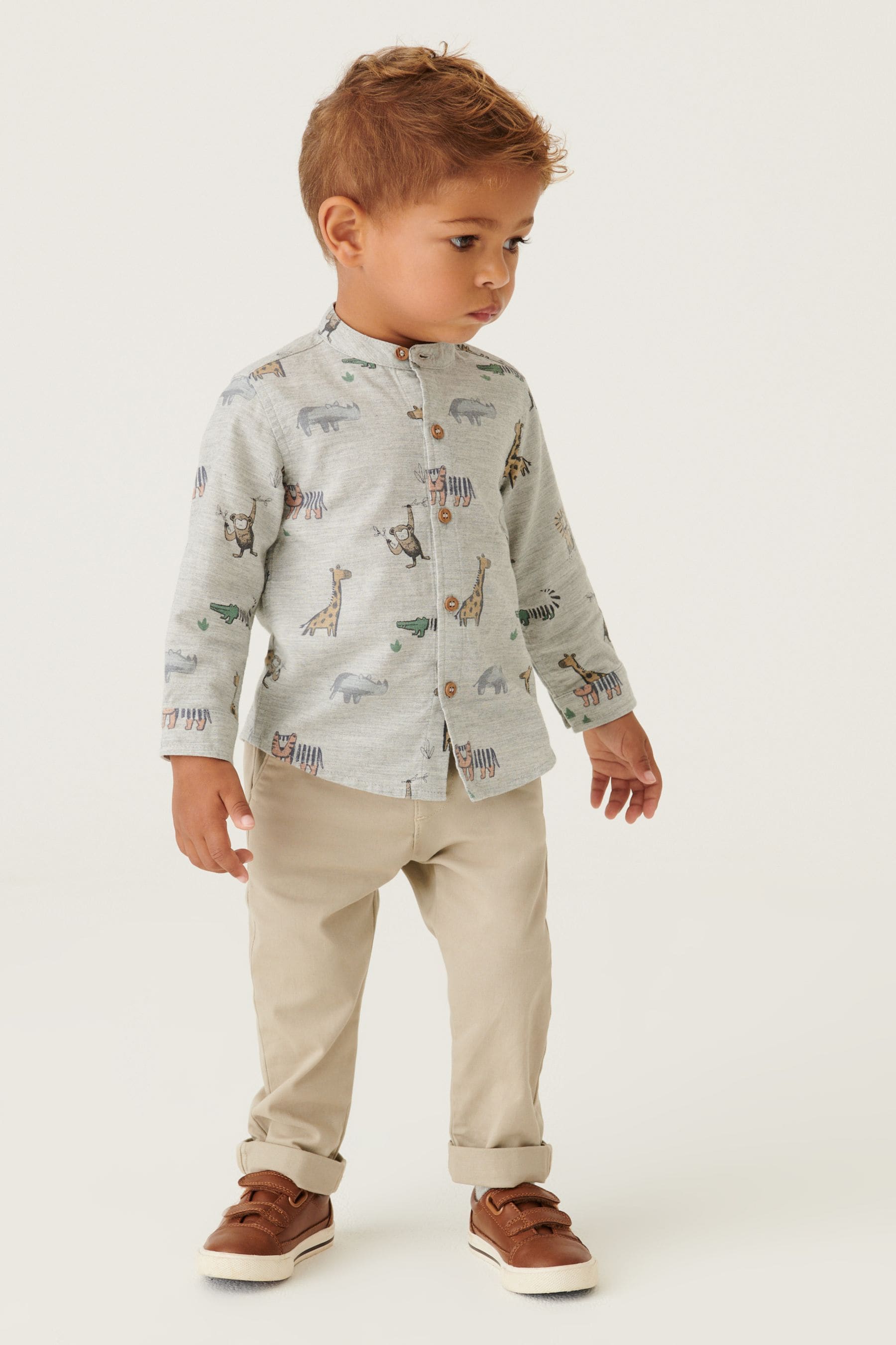 Grey Printed Long Sleeve Grandad Collar Shirt (3mths-7yrs)