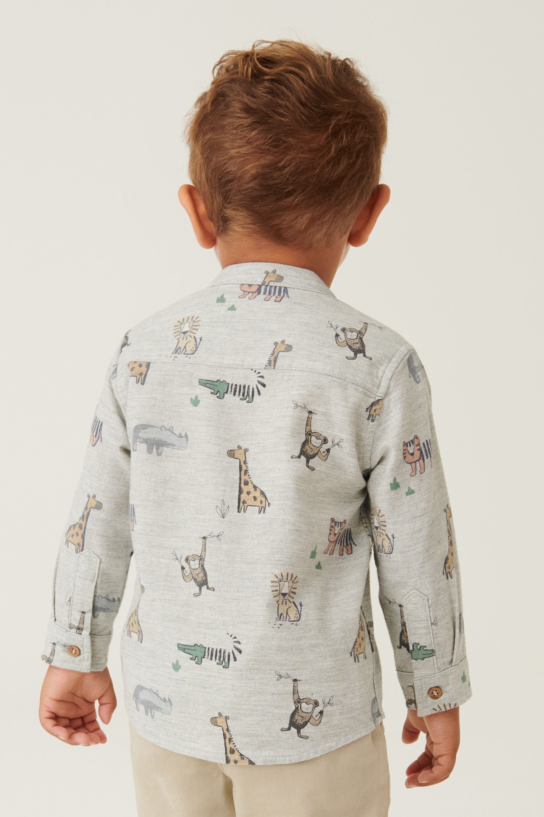 Grey Printed Long Sleeve Grandad Collar Shirt (3mths-7yrs)