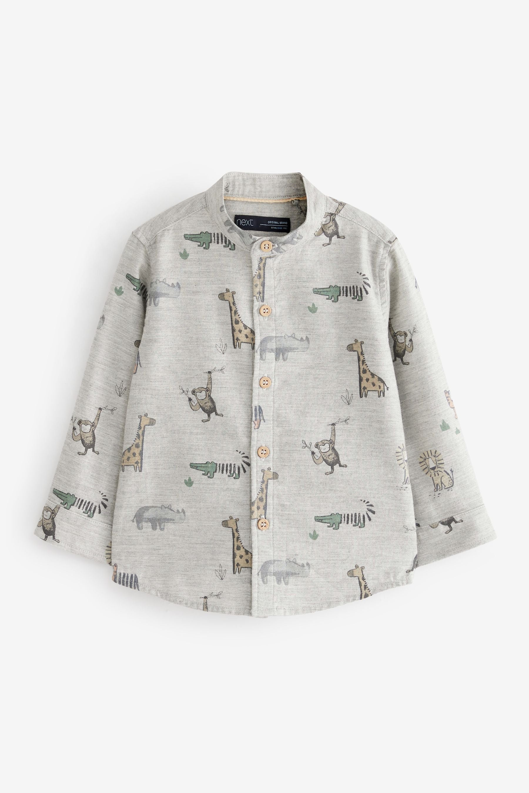 Grey Printed Long Sleeve Grandad Collar Shirt (3mths-7yrs)