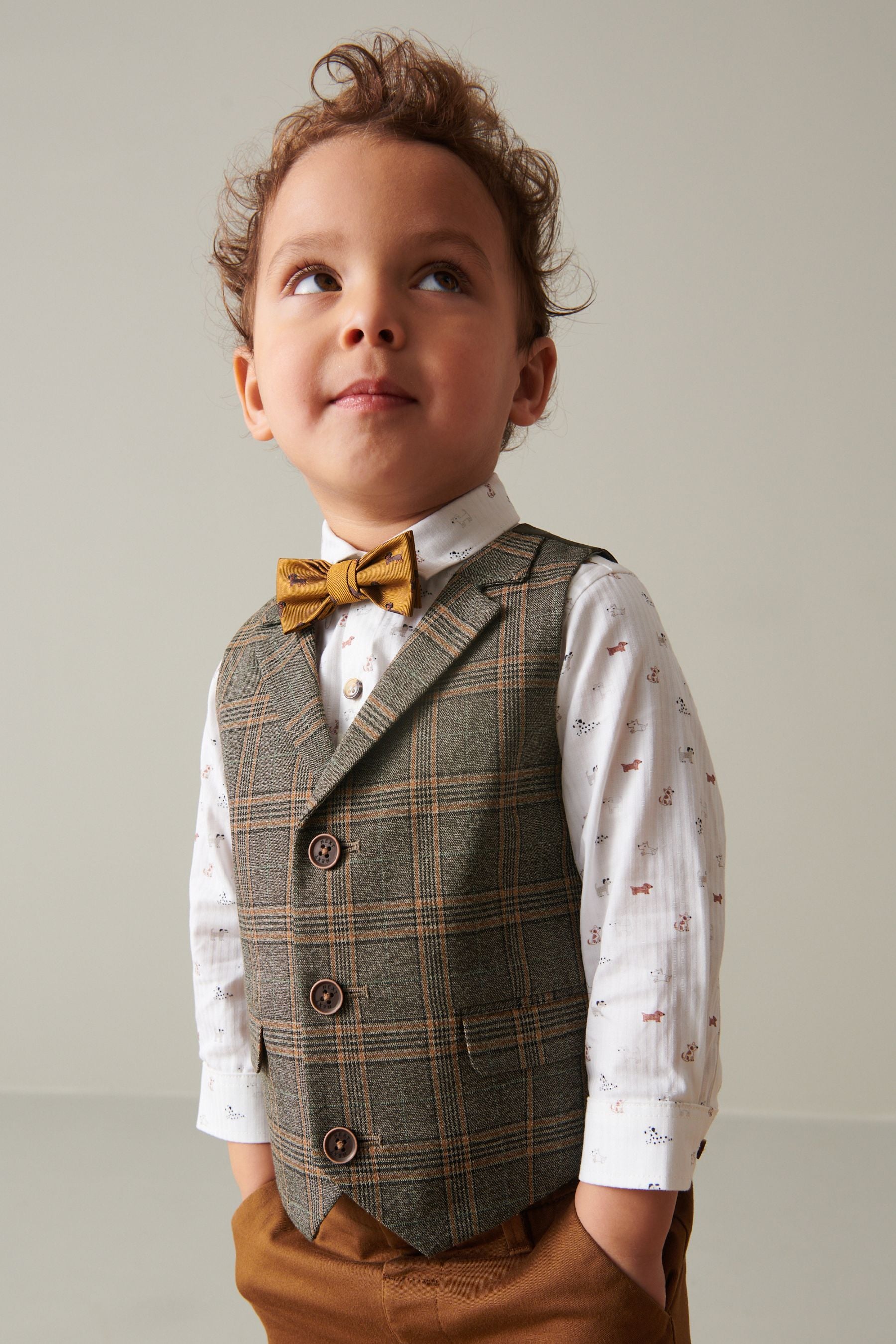 Brown Check Waistcoat Set With Shirt & Bow Tie (3mths-7yrs)