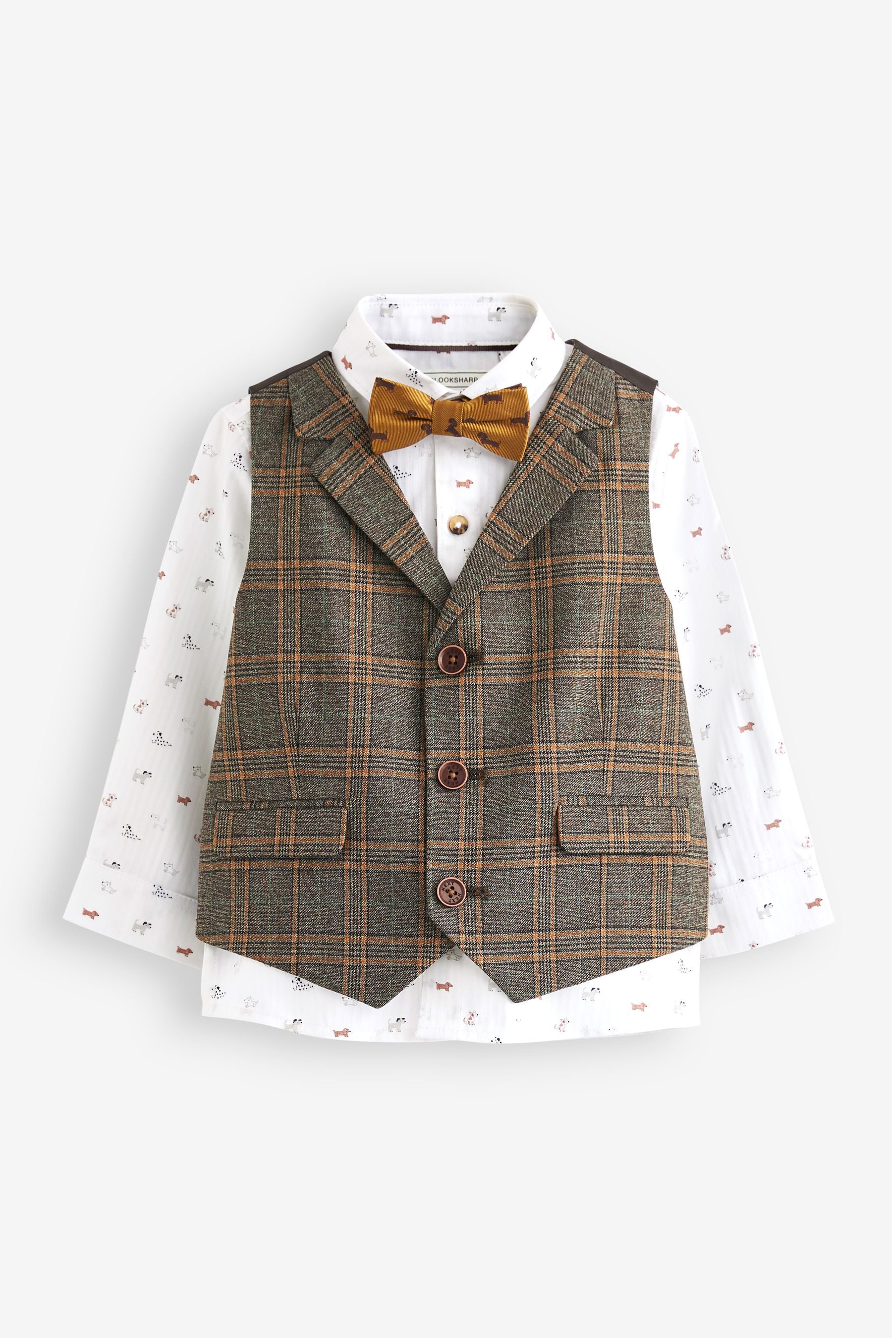 Brown Check Waistcoat Set With Shirt & Bow Tie (3mths-7yrs)