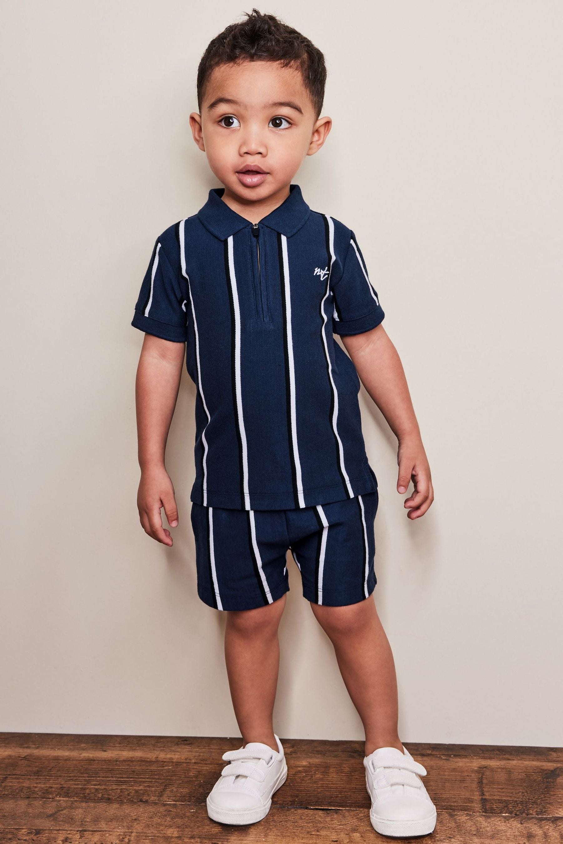 Navy Blue Short Sleeve Jersey Zip Neck Polo Shirt And Shorts Set (3mths-7yrs)