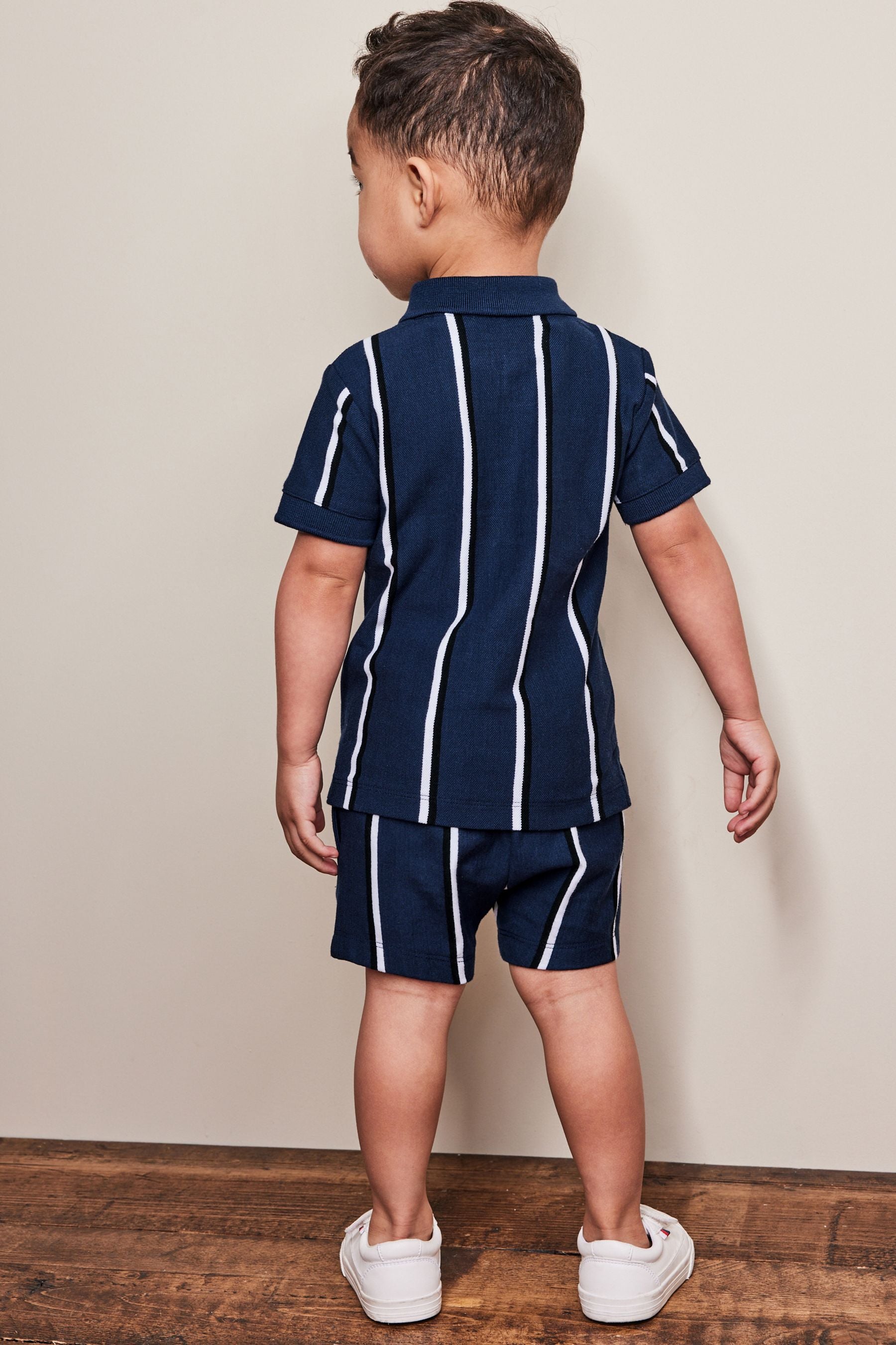 Navy Blue Short Sleeve Jersey Zip Neck Polo Shirt And Shorts Set (3mths-7yrs)