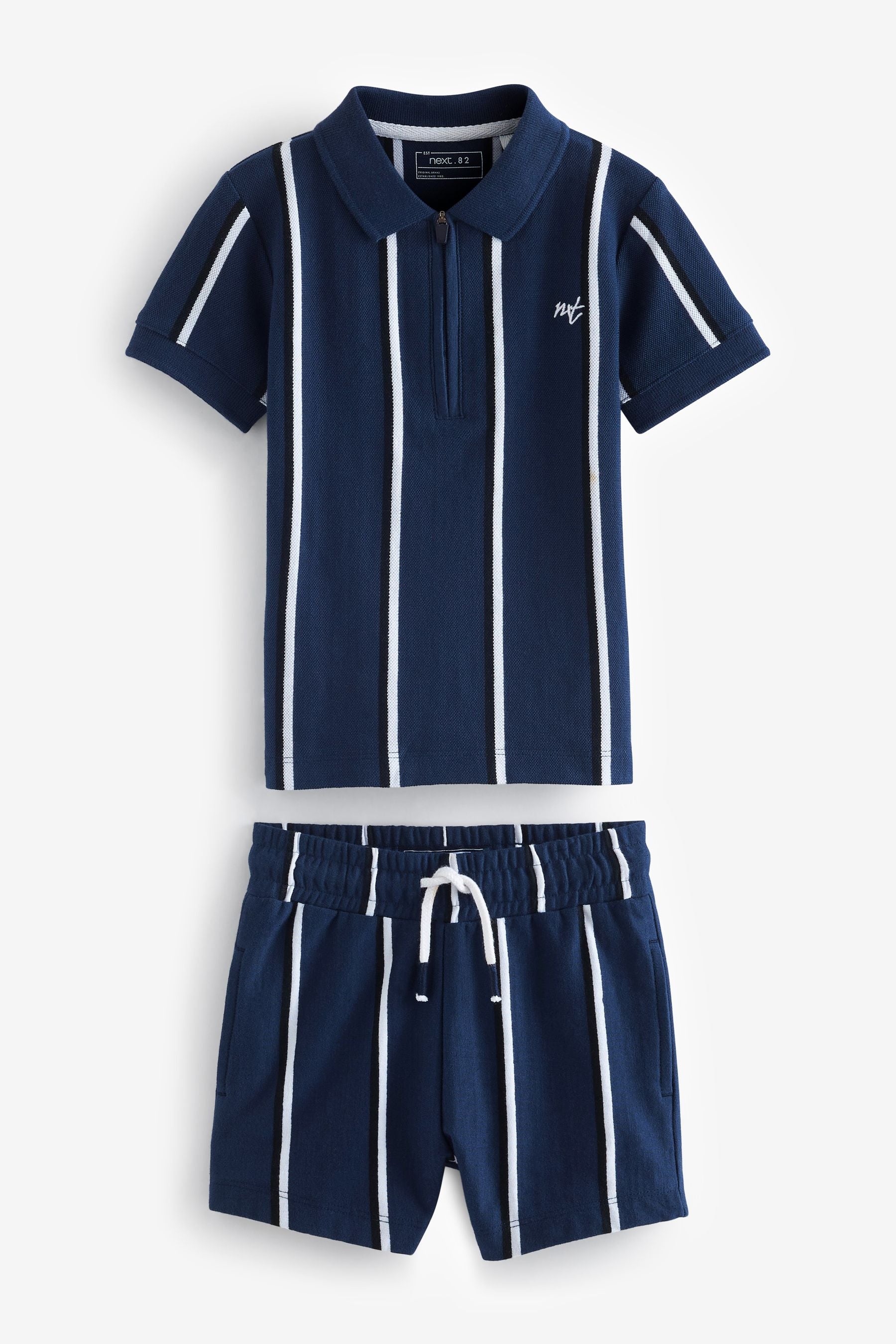 Navy Blue Short Sleeve Jersey Zip Neck Polo Shirt And Shorts Set (3mths-7yrs)