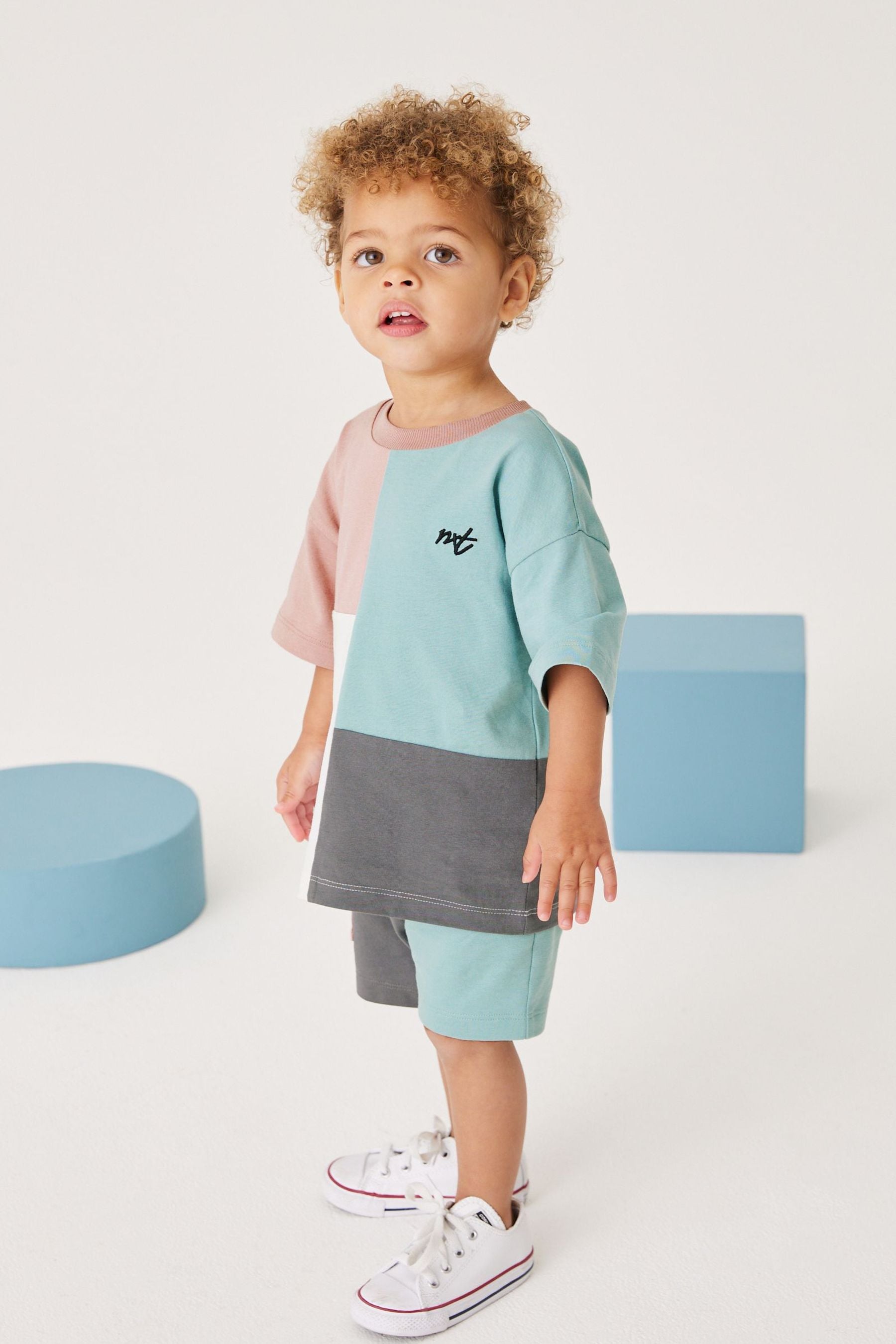 Blue/Pink Oversized Short Sleeves Colourblock T-Shirt and Shorts Set (3mths-7yrs)