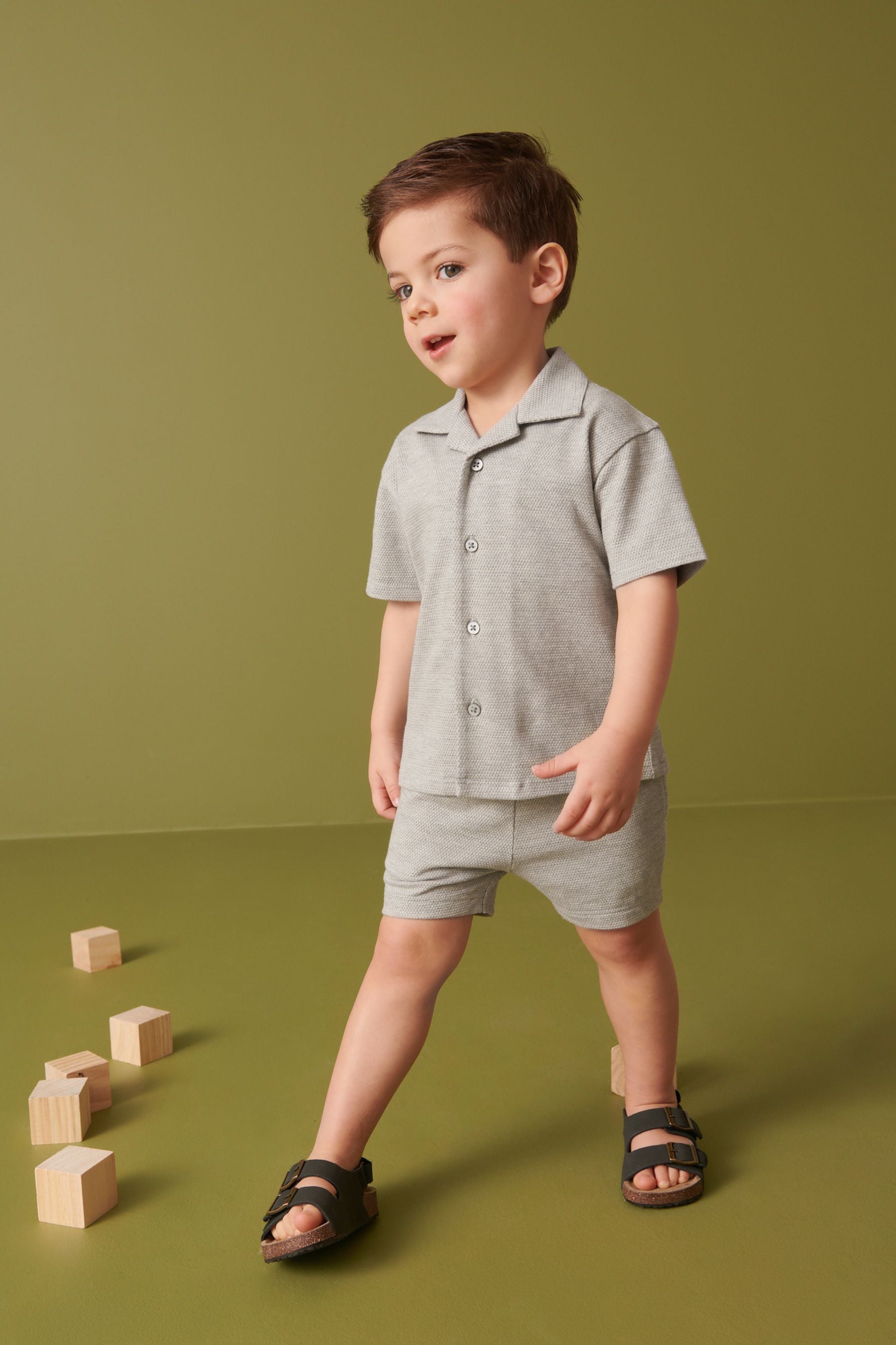 Grey Texture Revere Collar Jersey Shirt and Shorts Set (3mths-7yrs)