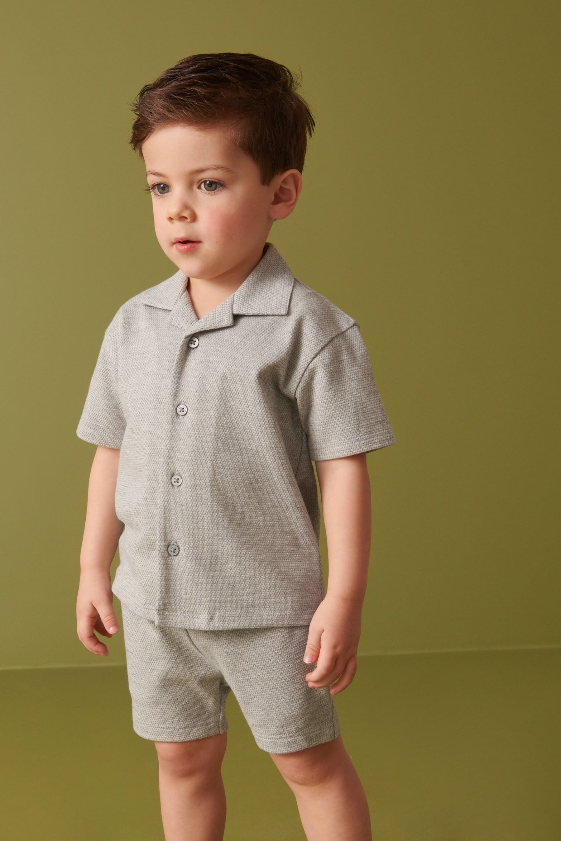 Grey Texture Revere Collar Jersey Shirt and Shorts Set (3mths-7yrs)