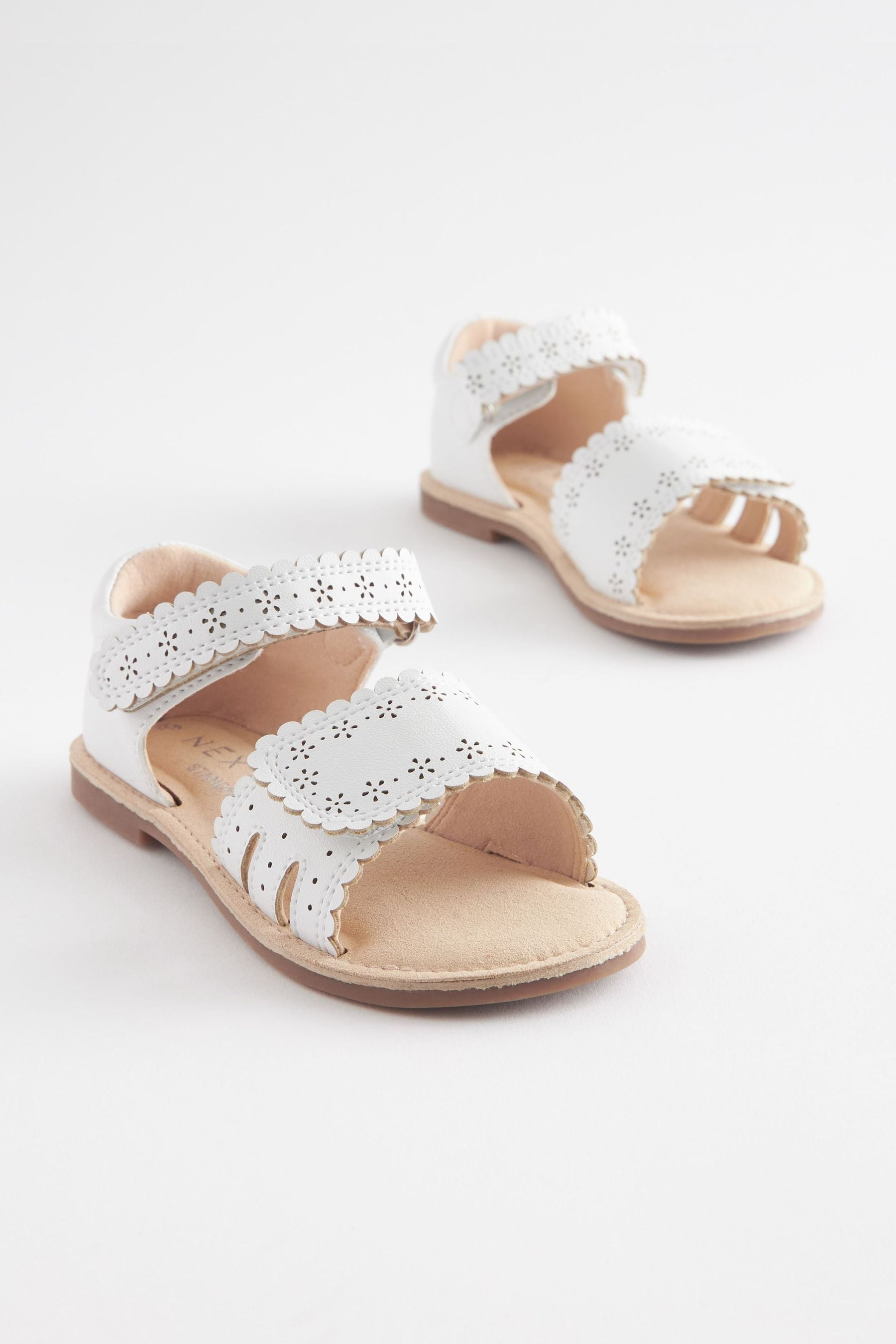 White Adjustable Strap Scallop Sandals