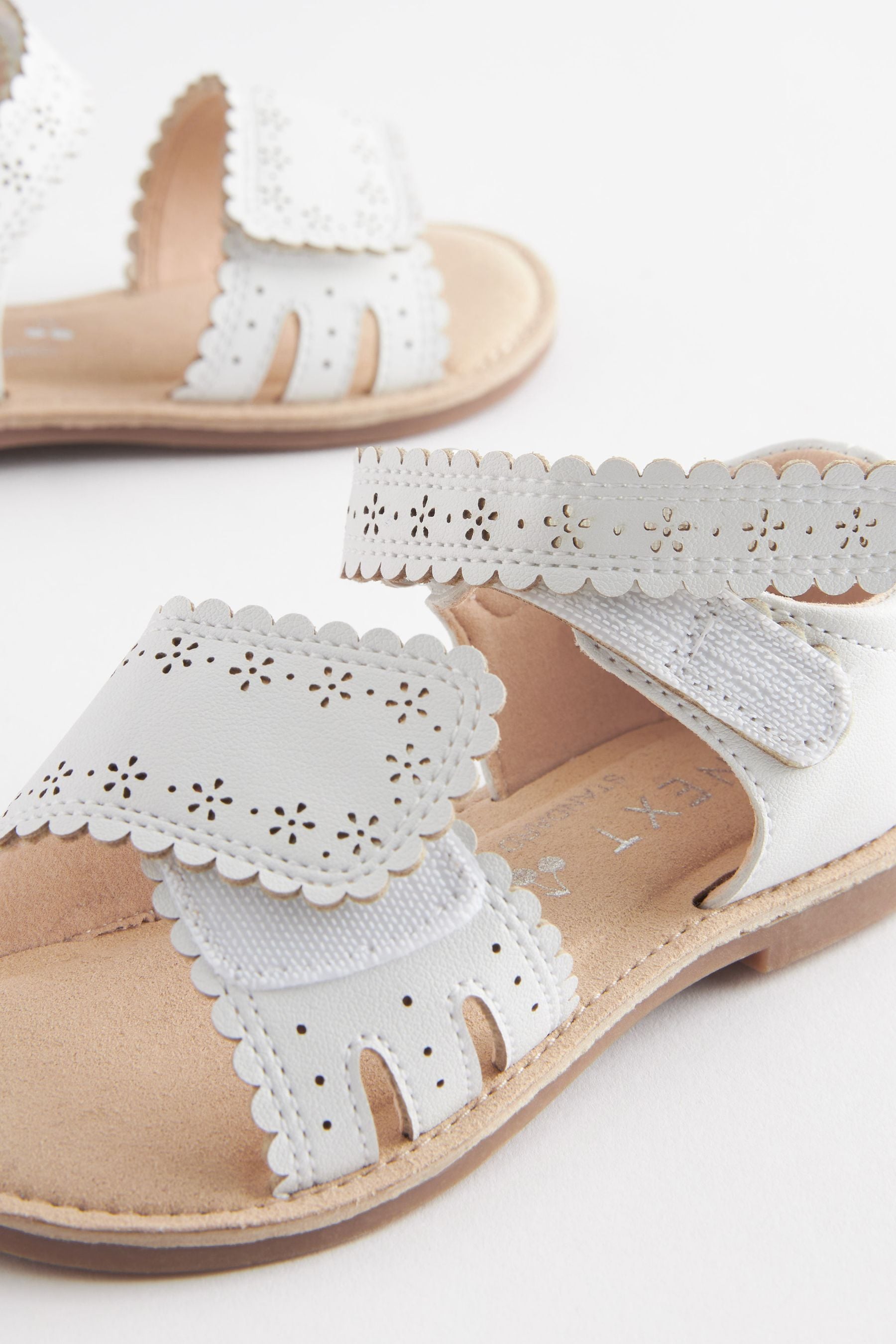 White Adjustable Strap Scallop Sandals