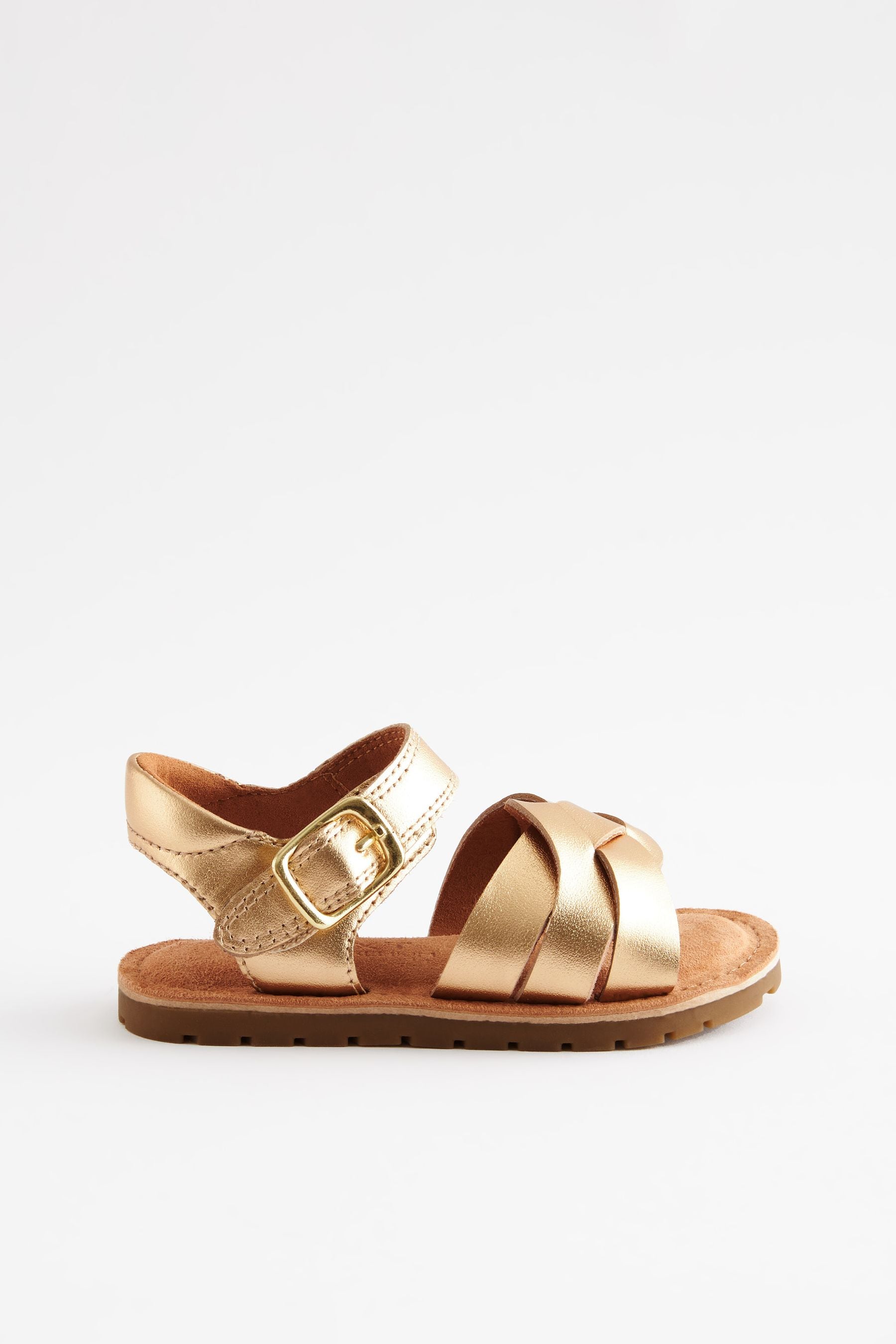 Gold Leather Leather Woven Ankle Strap Sandals