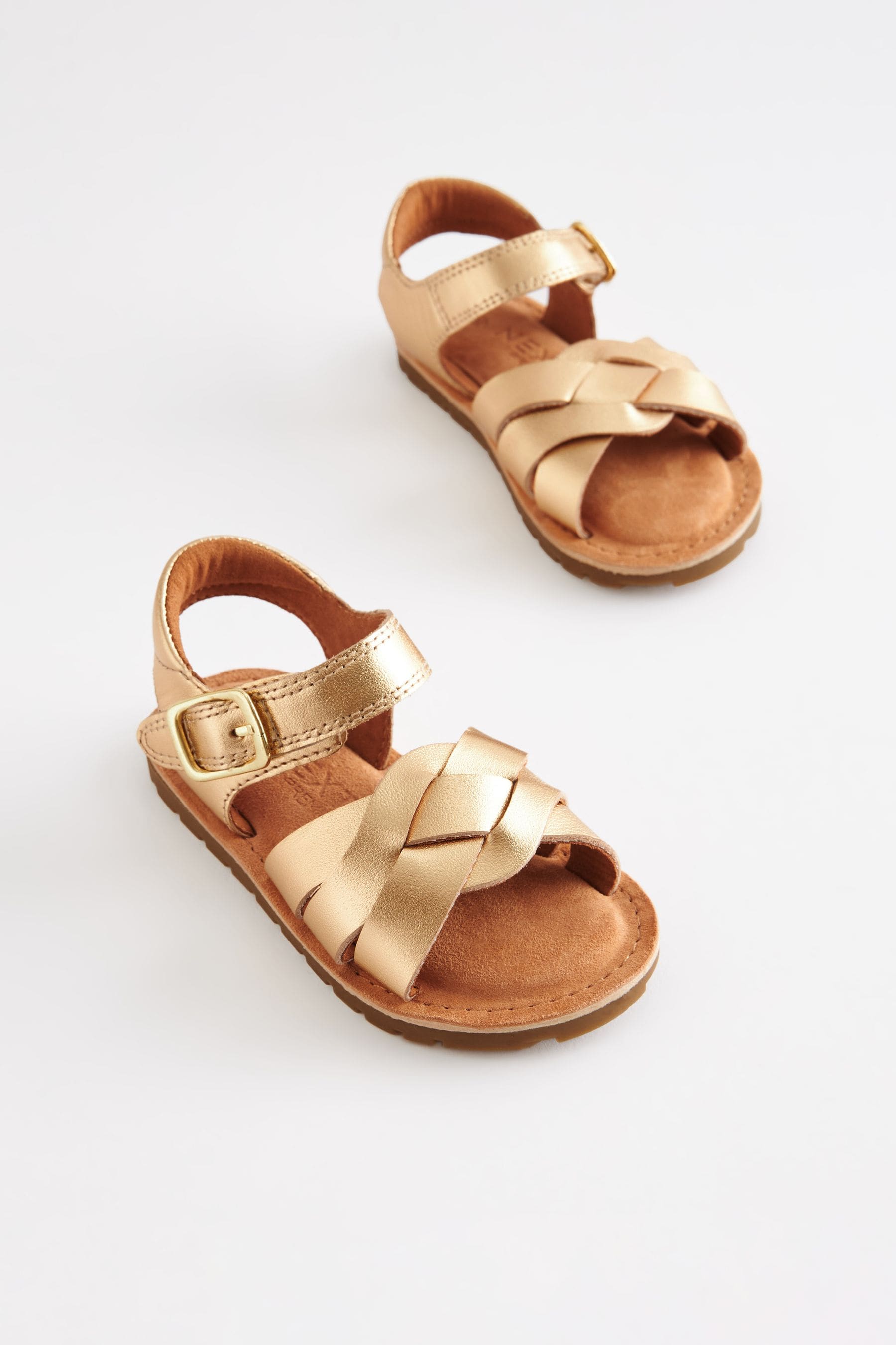 Gold Leather Leather Woven Ankle Strap Sandals