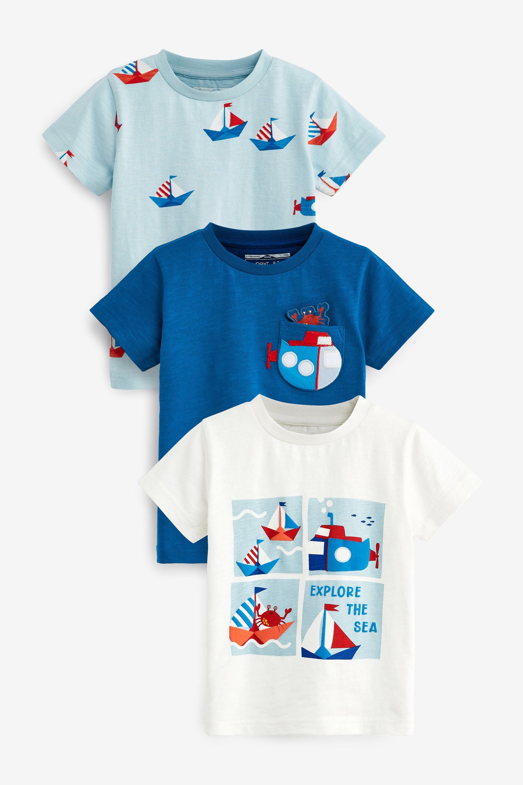 Blue Boats Short Sleeve Character T-Shirts 3 Pack (3mths-7yrs)