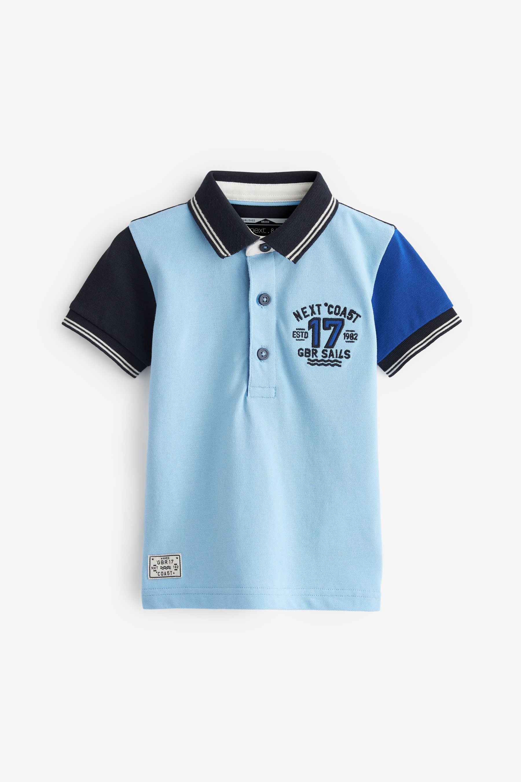 Blue Short Sleeves Pique Jersey Colourblock Polo Shirt (3mths-7yrs)