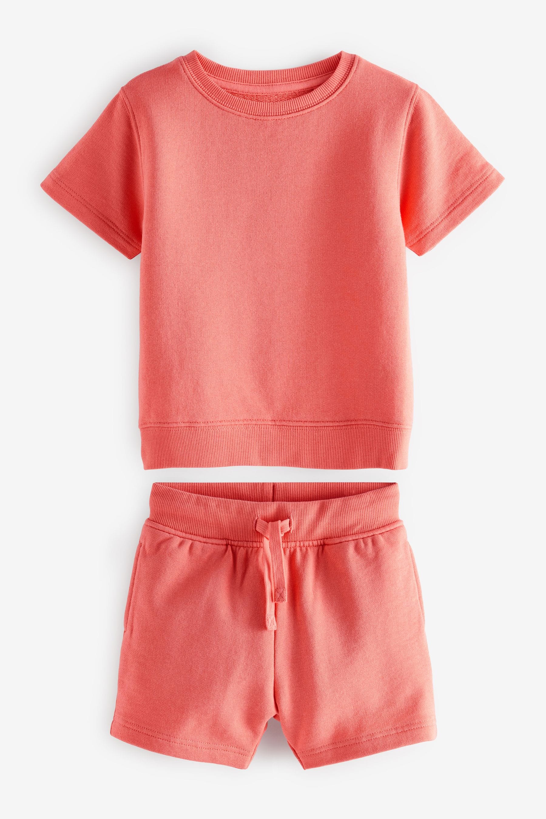 Coral Red Plain Sweat T-Shirt And Shorts Set (3mths-7yrs)