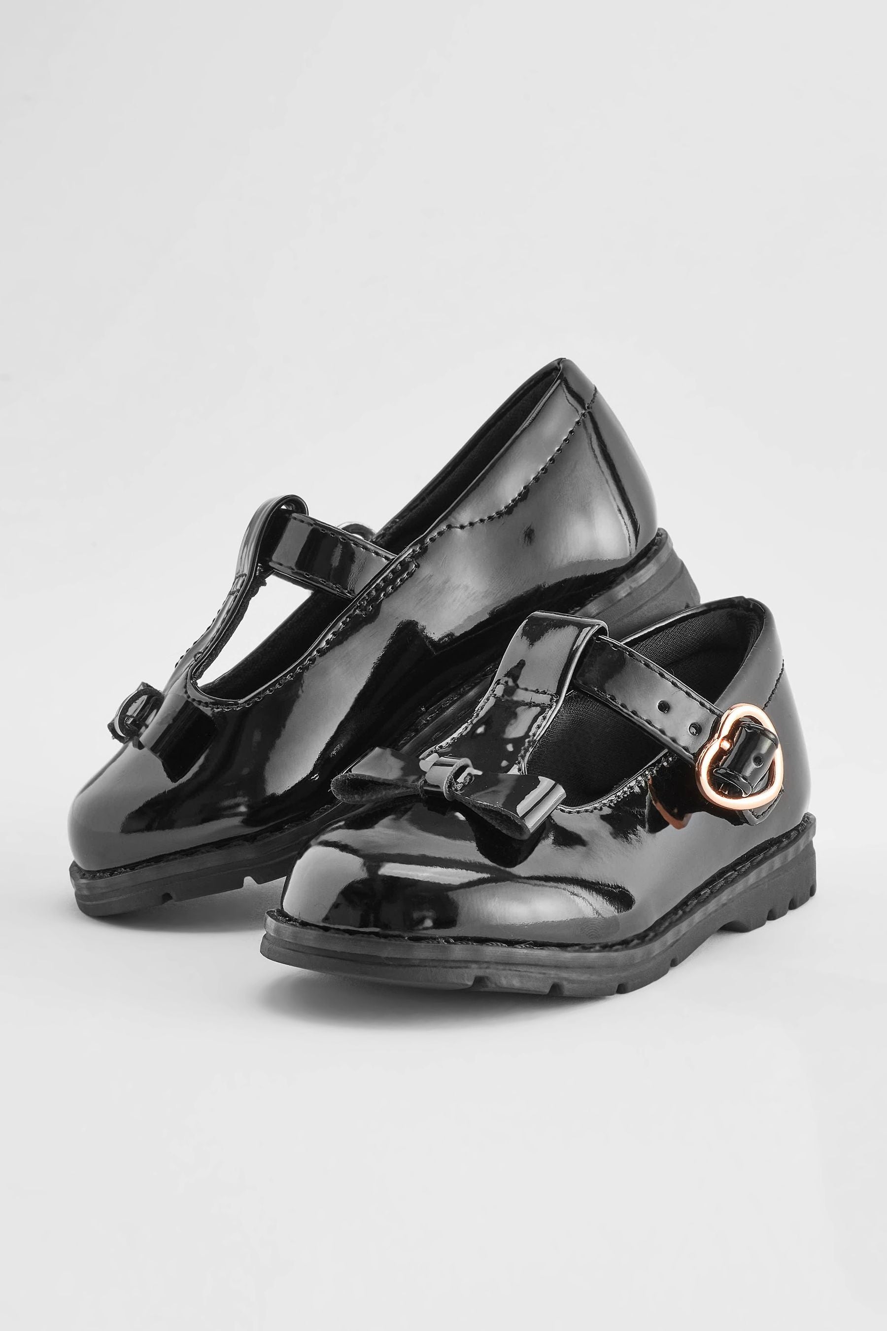 Black Patent School Junior Bow T-Bar Shoes