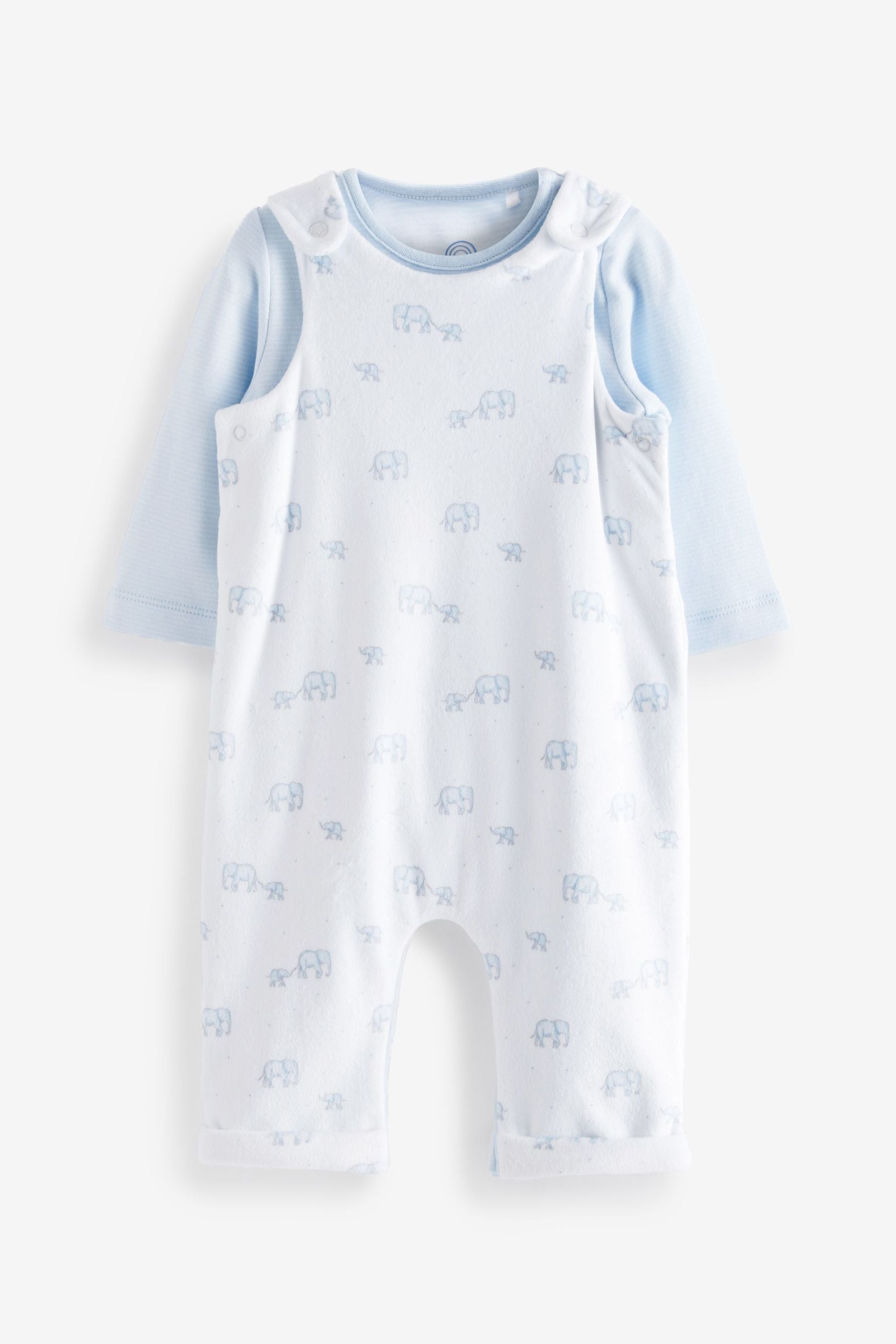 White/Blue Elephant Print Velour Baby 2 Piece Dungaree And Bodysuit Set (0-12mths)