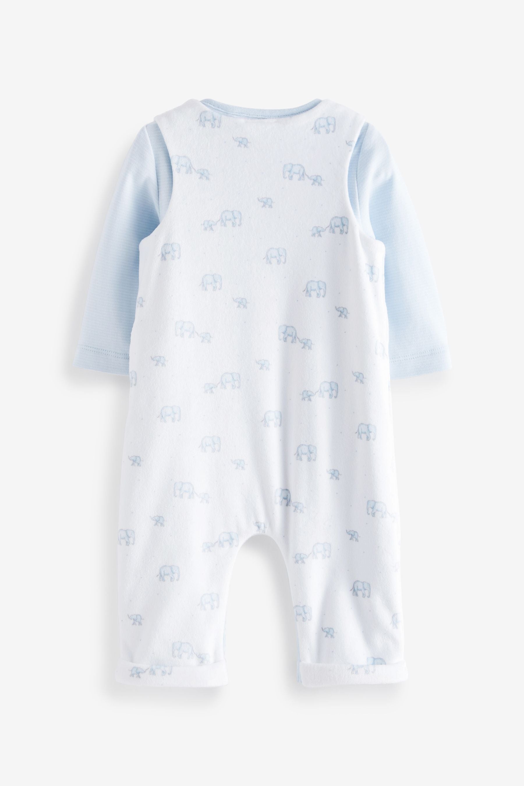 White/Blue Elephant Print Velour Baby 2 Piece Dungaree And Bodysuit Set (0-12mths)