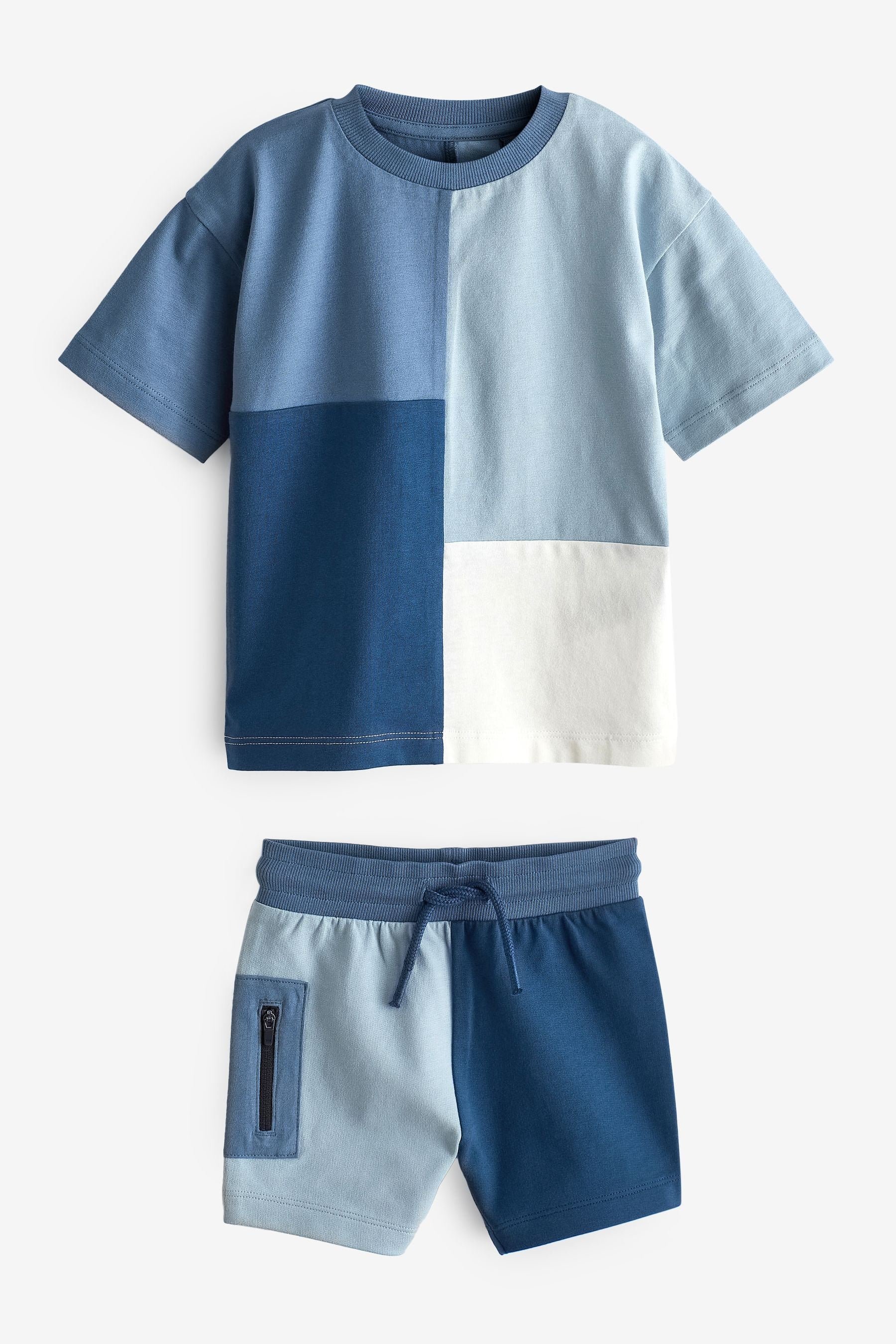 Blue Oversized Short Sleeves Colourblock T-Shirt and Shorts Set (3mths-7yrs)