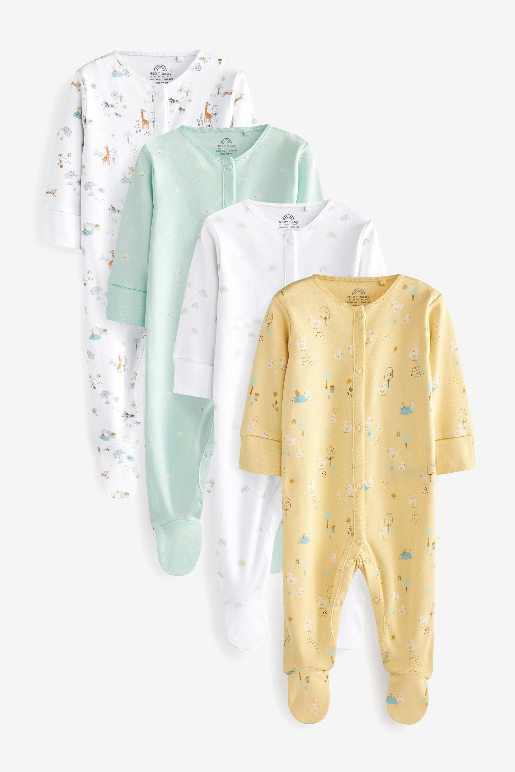 Yellow Duck/Mint Green Clouds Sleepsuits 4 Pack (0-3yrs)