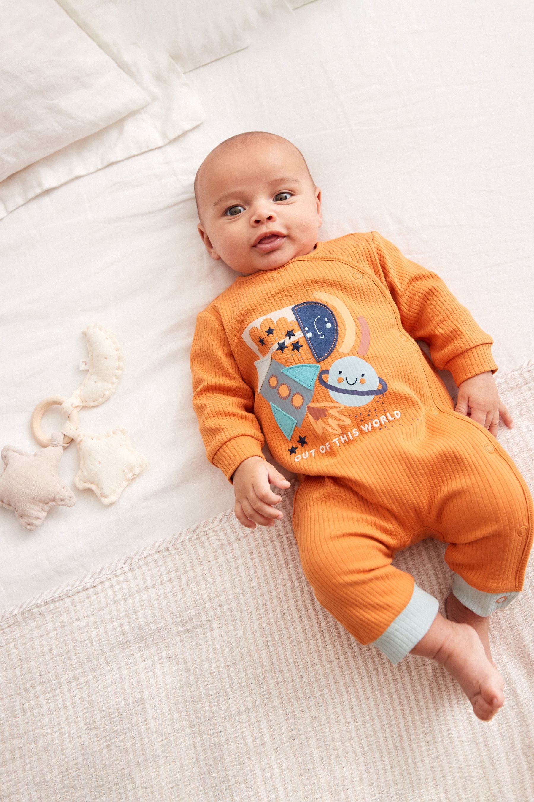 Orange/Blue Space Print Footless Sleepsuits 3 Pack (0mths-3yrs)