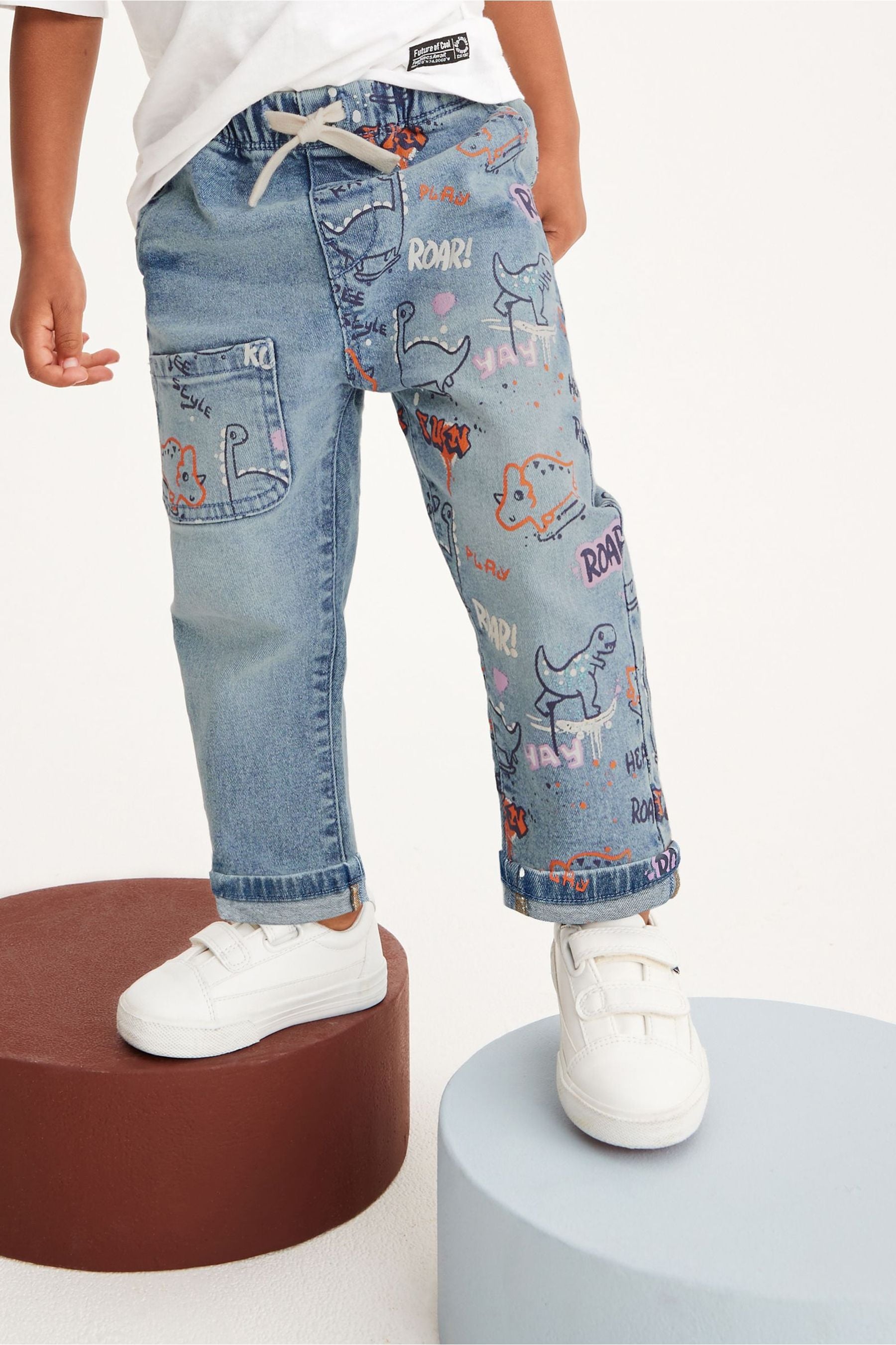 Mid Blue Graffiti Print Pull-On Jeans (3mths-7yrs)