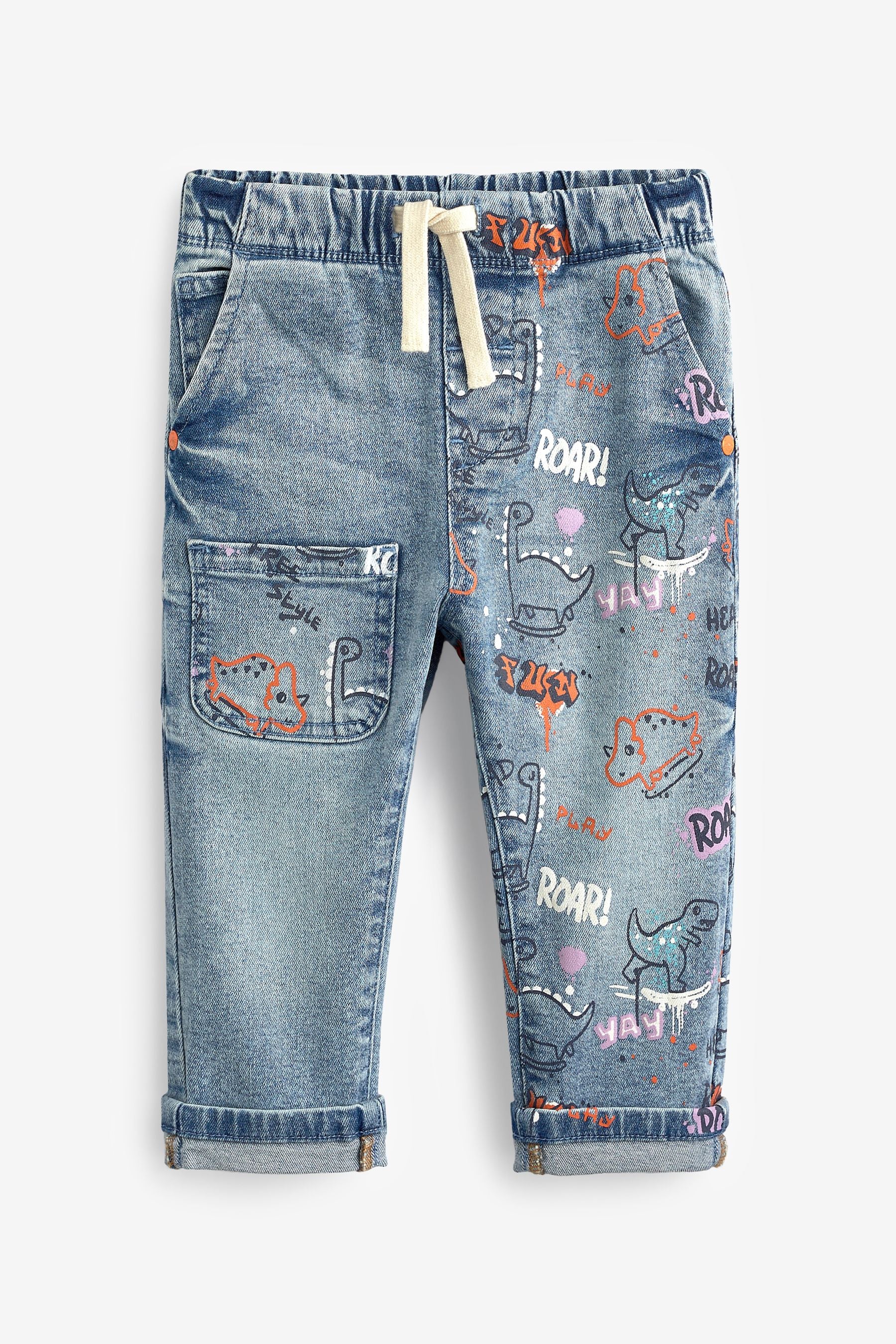 Mid Blue Graffiti Print Pull-On Jeans (3mths-7yrs)