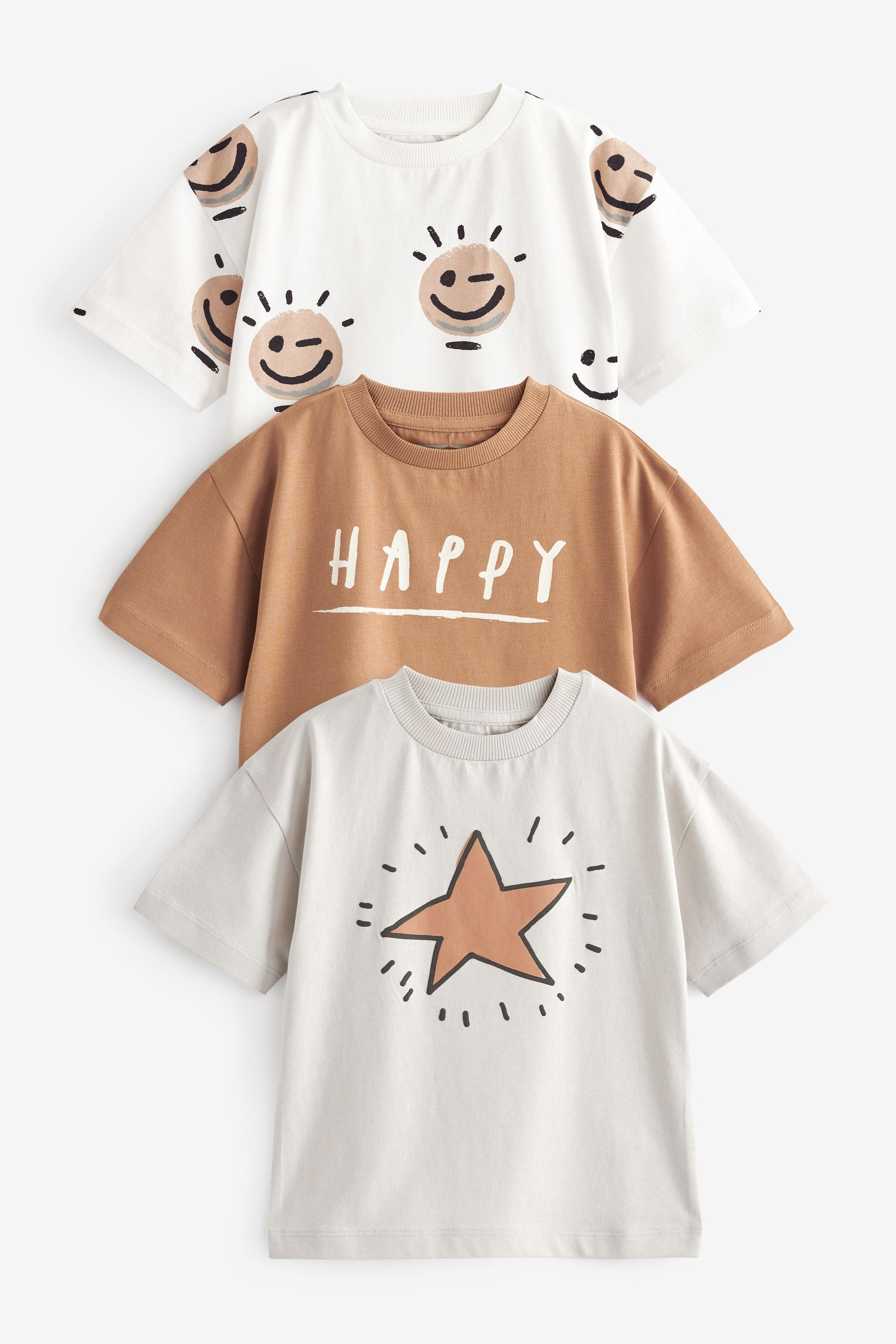 Tan Brown/Ecru Cream Short Sleeve Character T-Shirts 3 Pack (3mths-7yrs)