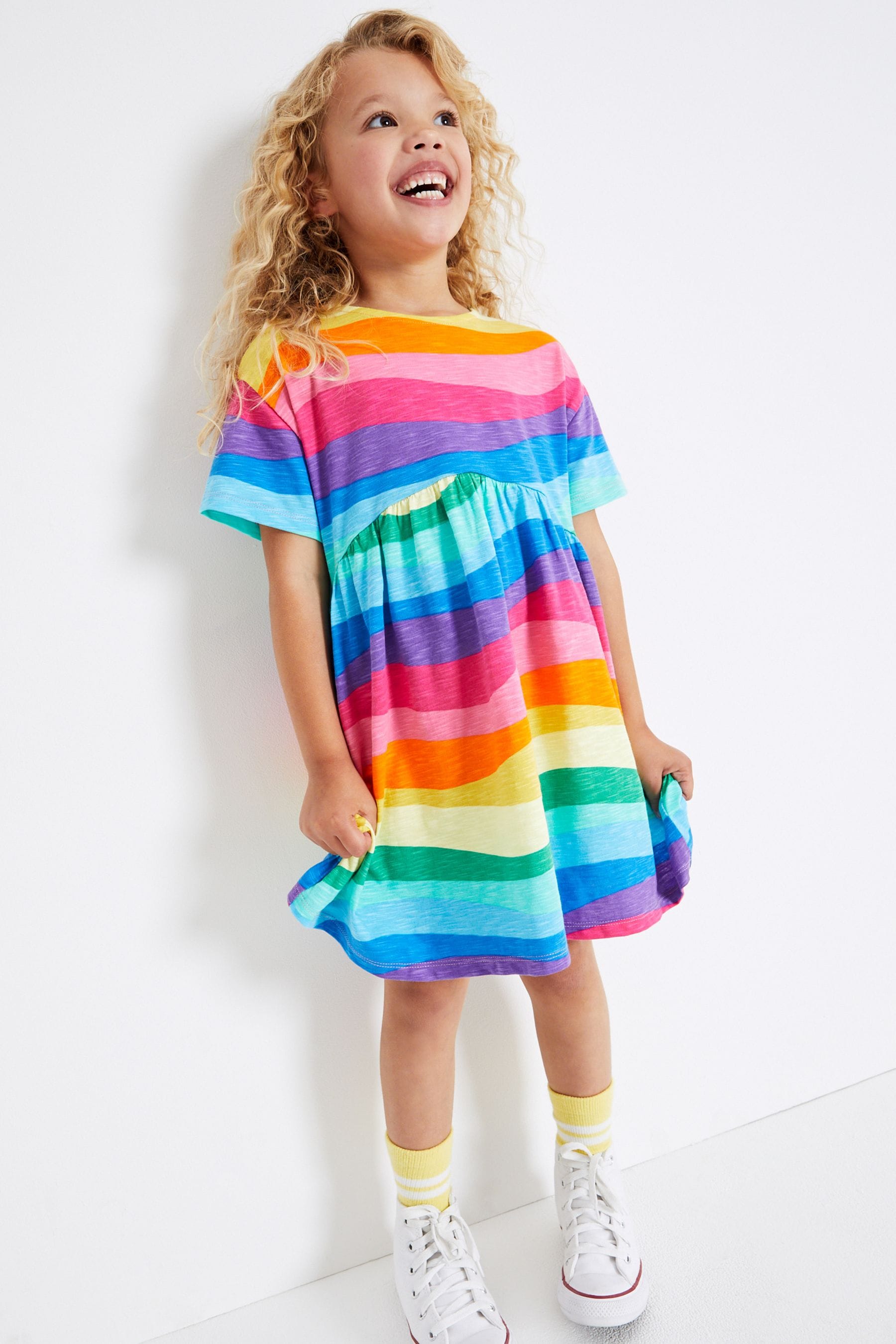 Pink/Blue/Purple/Green Rainbow Short Sleeve Jersey Dress (3-16yrs)