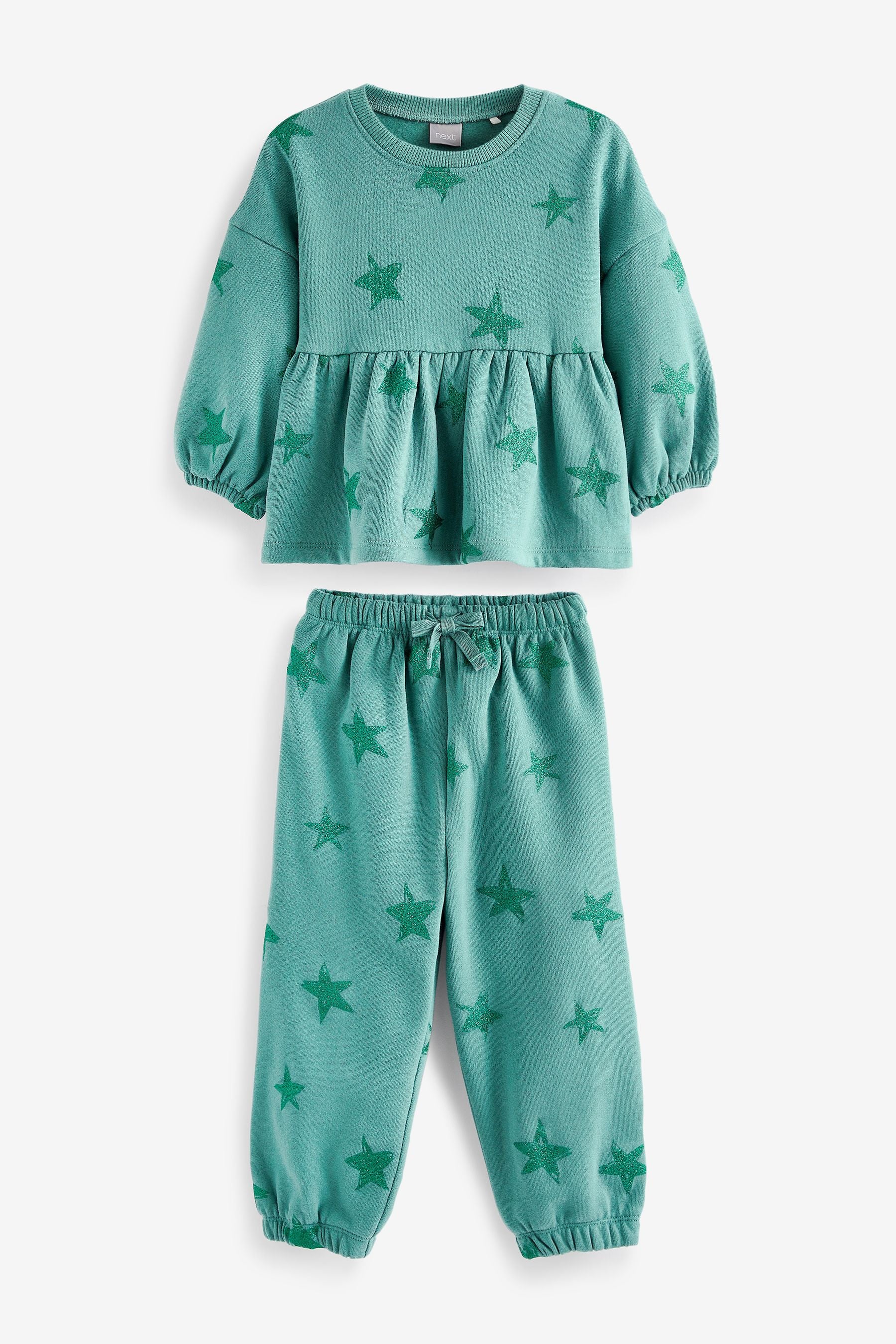 Green Glitter Star Print Peplum Hem Jumper And Joggers Set (3mths-7yrs)