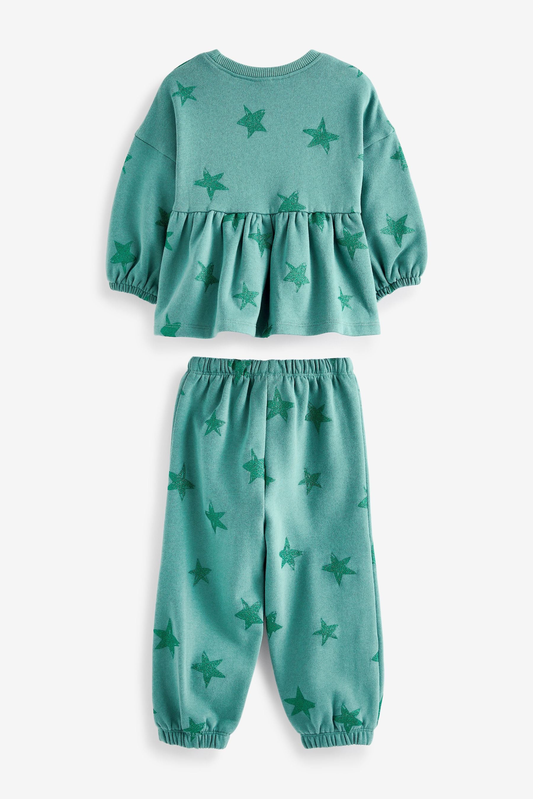 Green Glitter Star Print Peplum Hem Jumper And Joggers Set (3mths-7yrs)