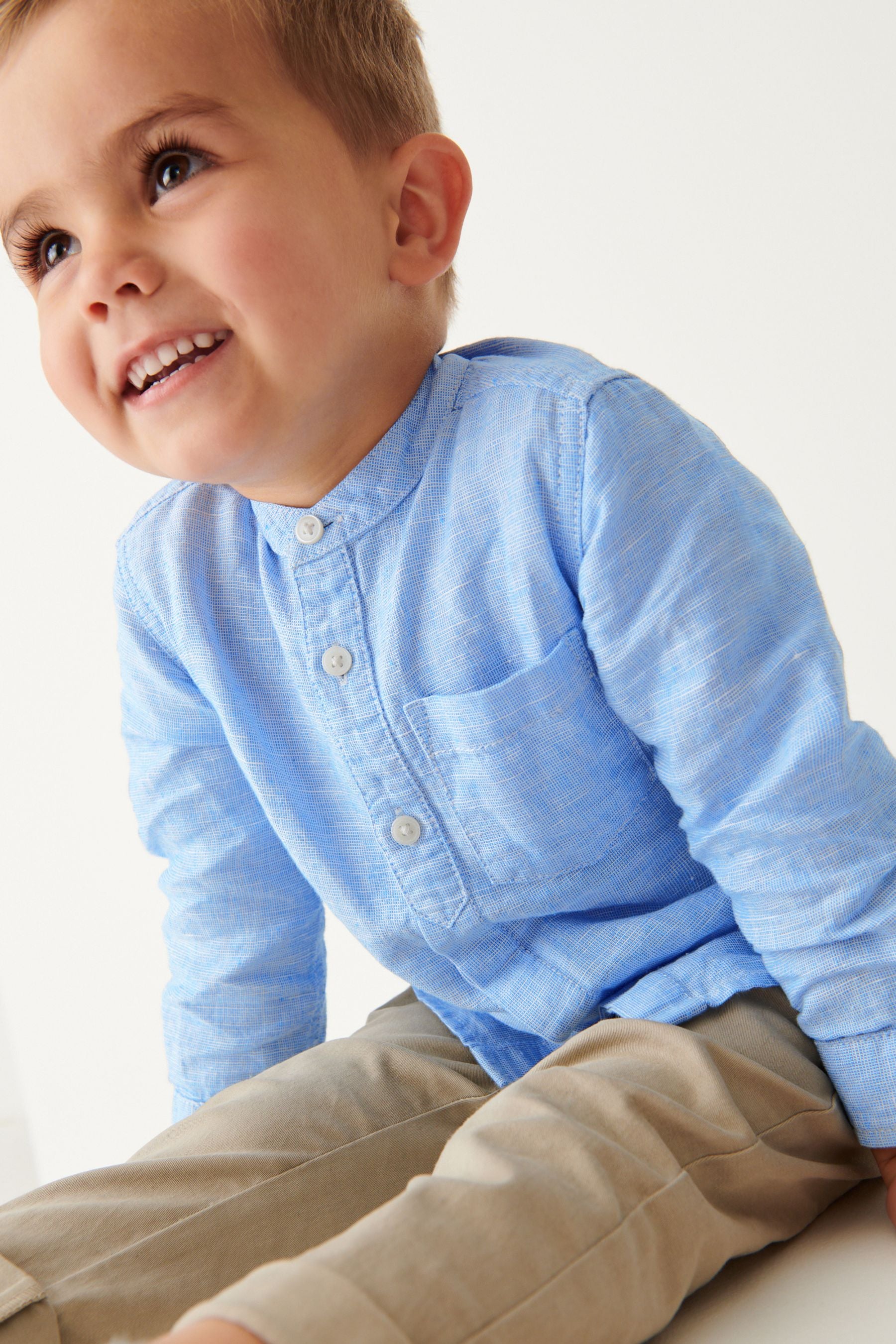 Blue Grandad Collar Linen Mix Shirt (3mths-7yrs)