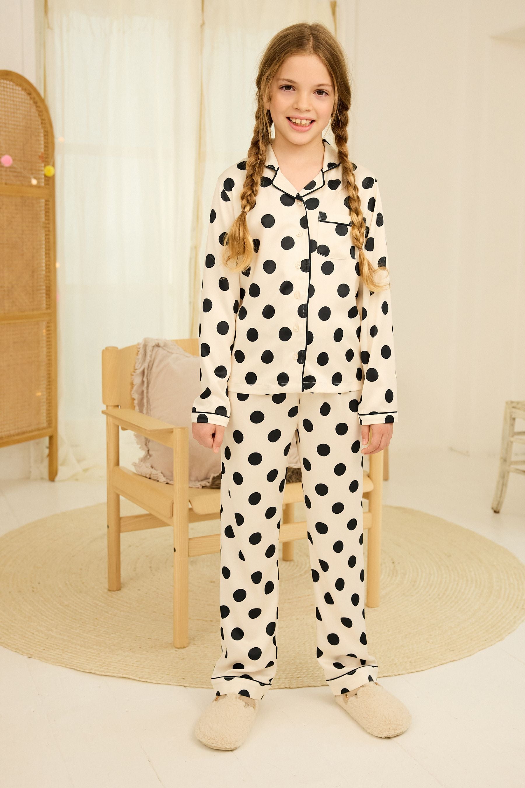 Monochrome Spot Satin Button Through Pyjamas (6-16yrs)