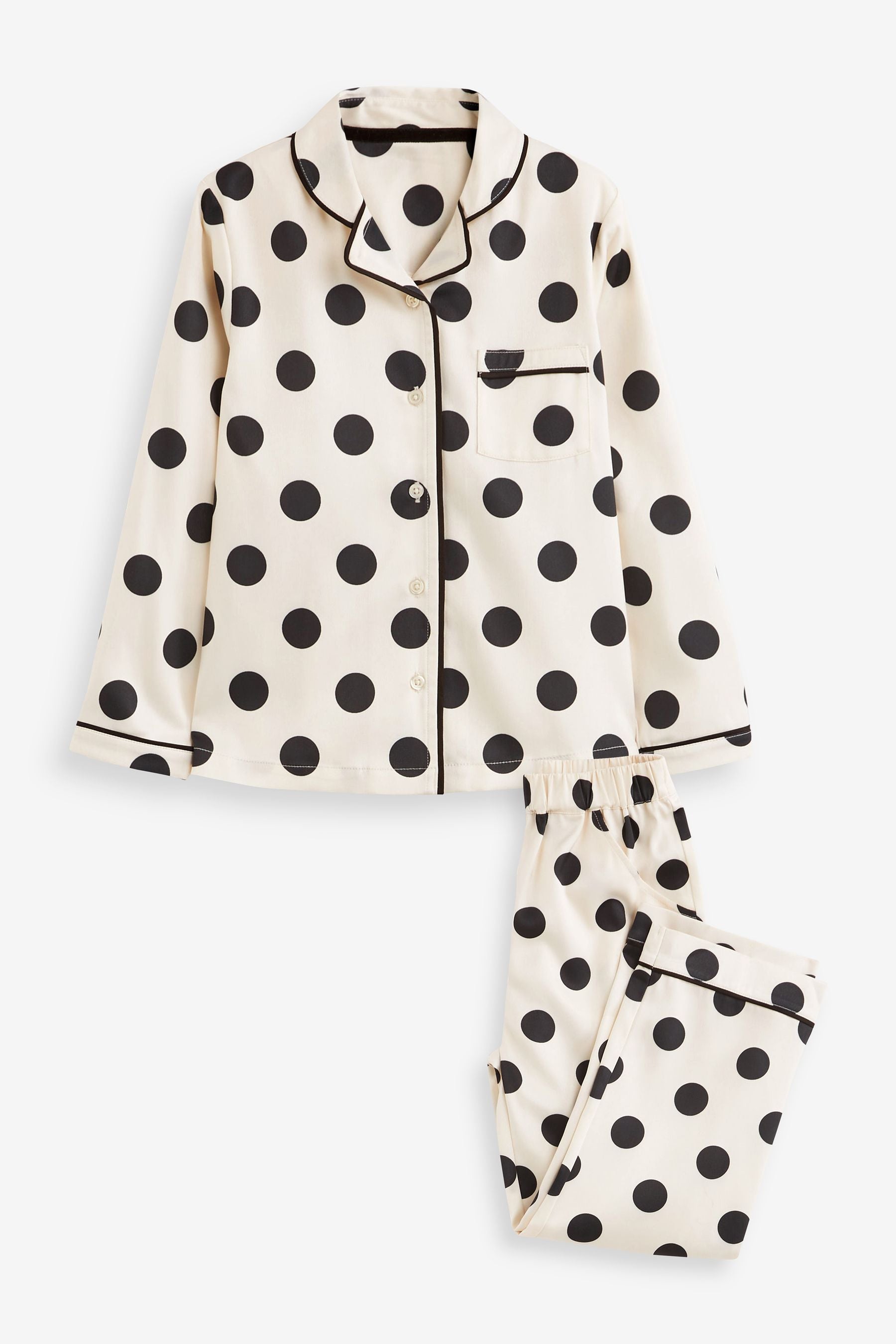 Monochrome Spot Satin Button Through Pyjamas (6-16yrs)