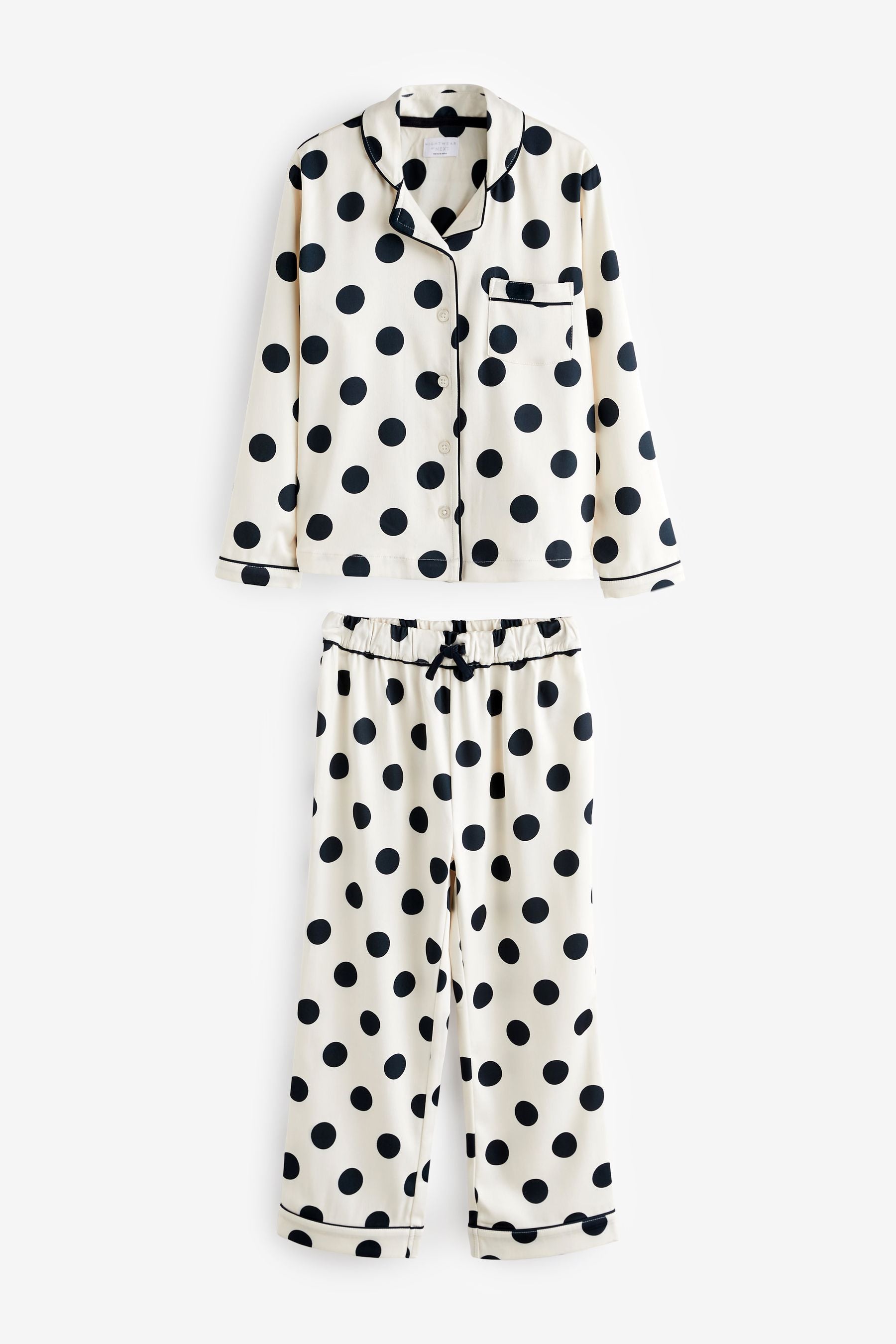 Monochrome Spot Satin Button Through Pyjamas (6-16yrs)