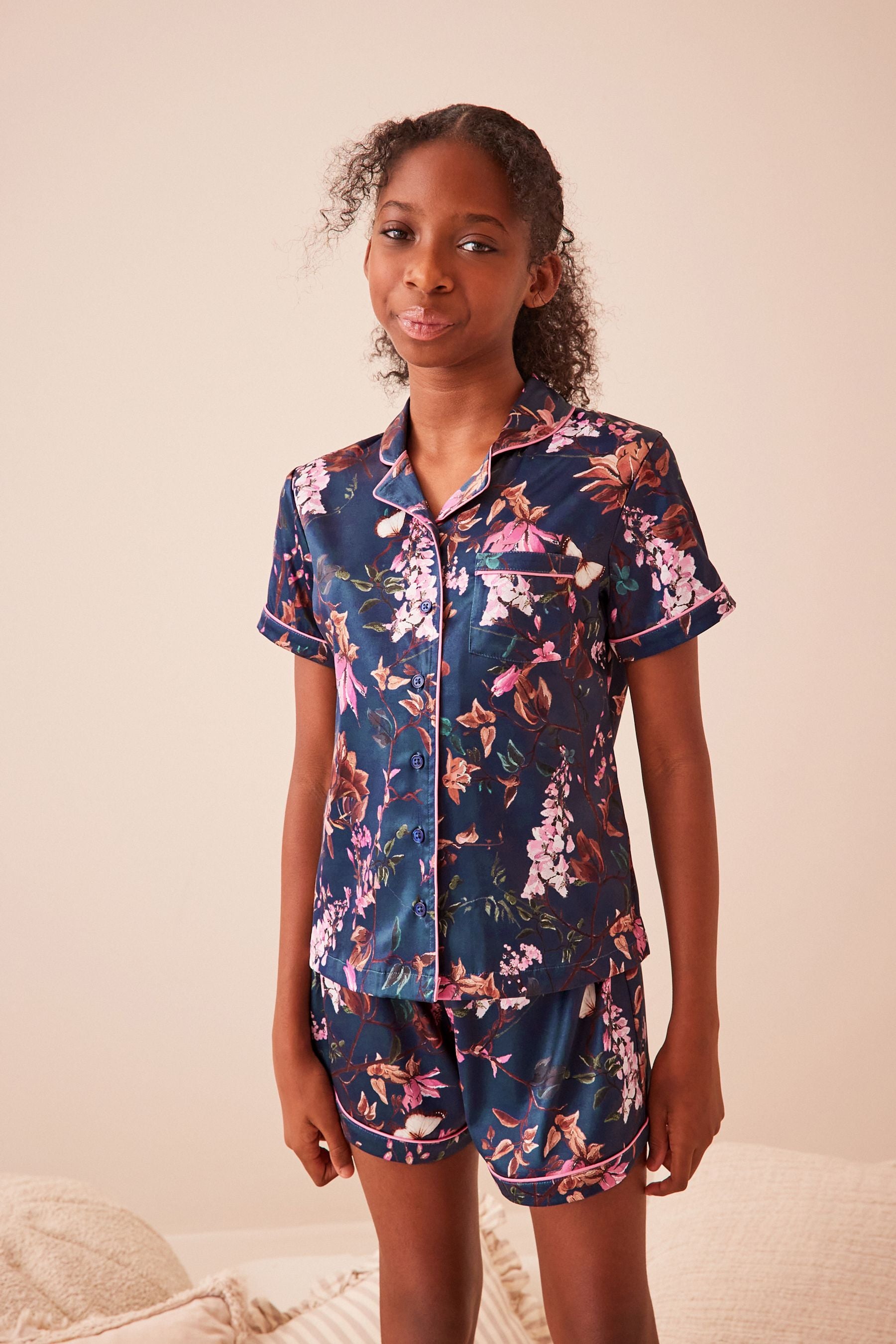 Navy Floral Satin Button Through Short Pyjamas (6-16yrs)