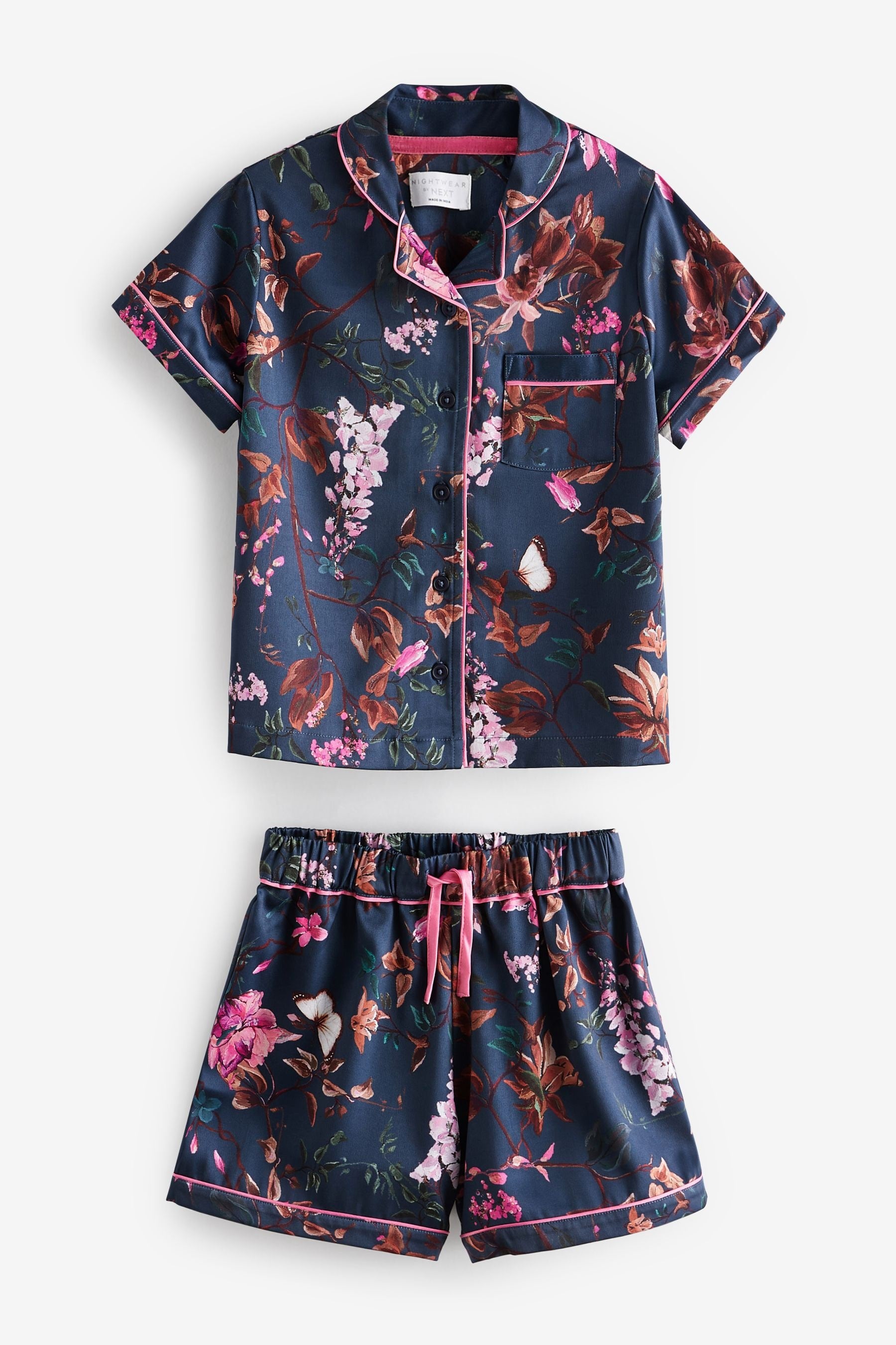 Navy Floral Satin Button Through Short Pyjamas (6-16yrs)