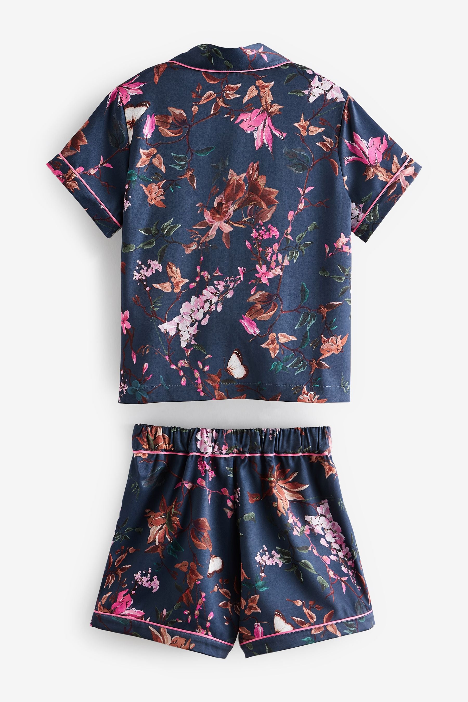 Navy Floral Satin Button Through Short Pyjamas (6-16yrs)