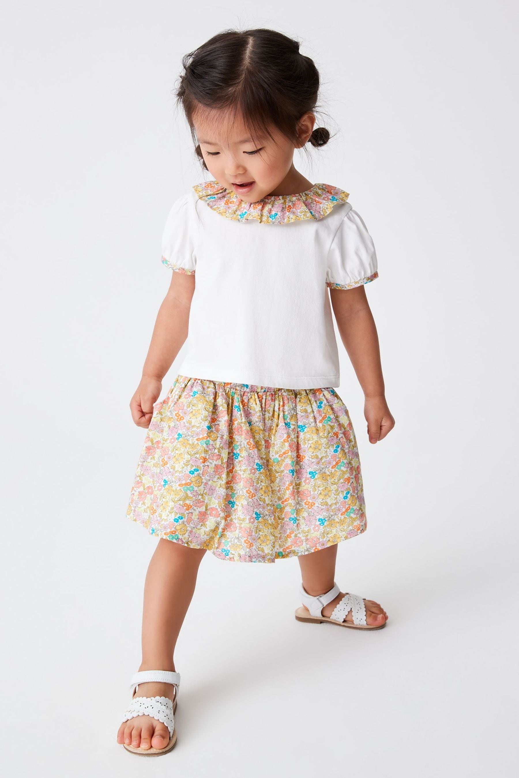 Ochre Yellow/Cream 2 Piece Floral Skirt and T-Shirt Set (3mths-7yrs)