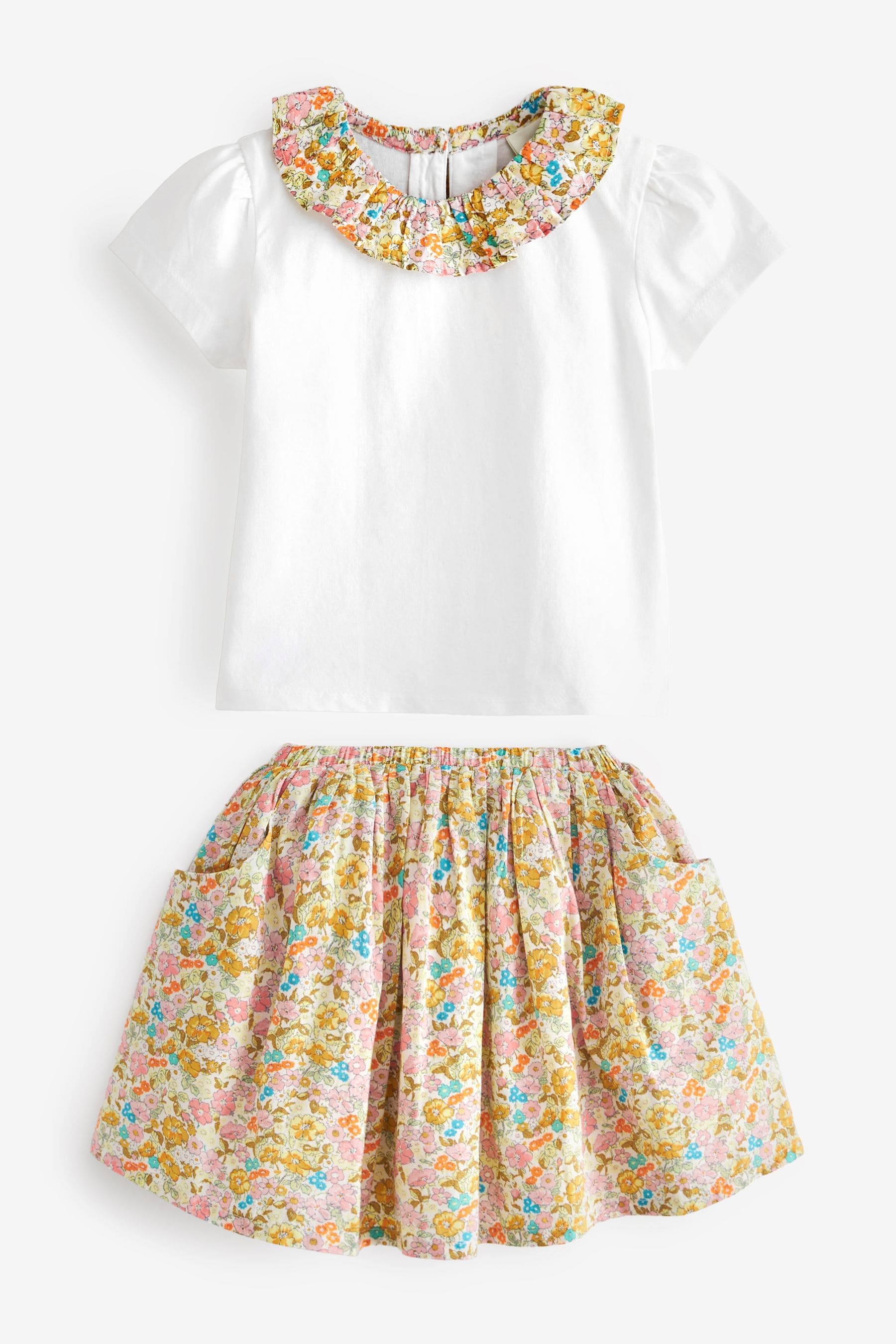 Ochre Yellow/Cream 2 Piece Floral Skirt and T-Shirt Set (3mths-7yrs)