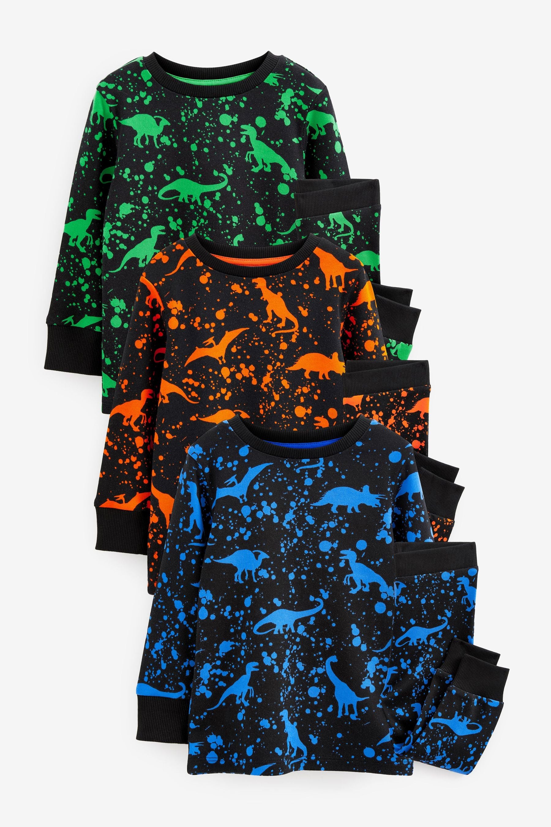 Black Fluro Dinosaur print 3 Pack Snuggle Pyjamas (9mths-12yrs)